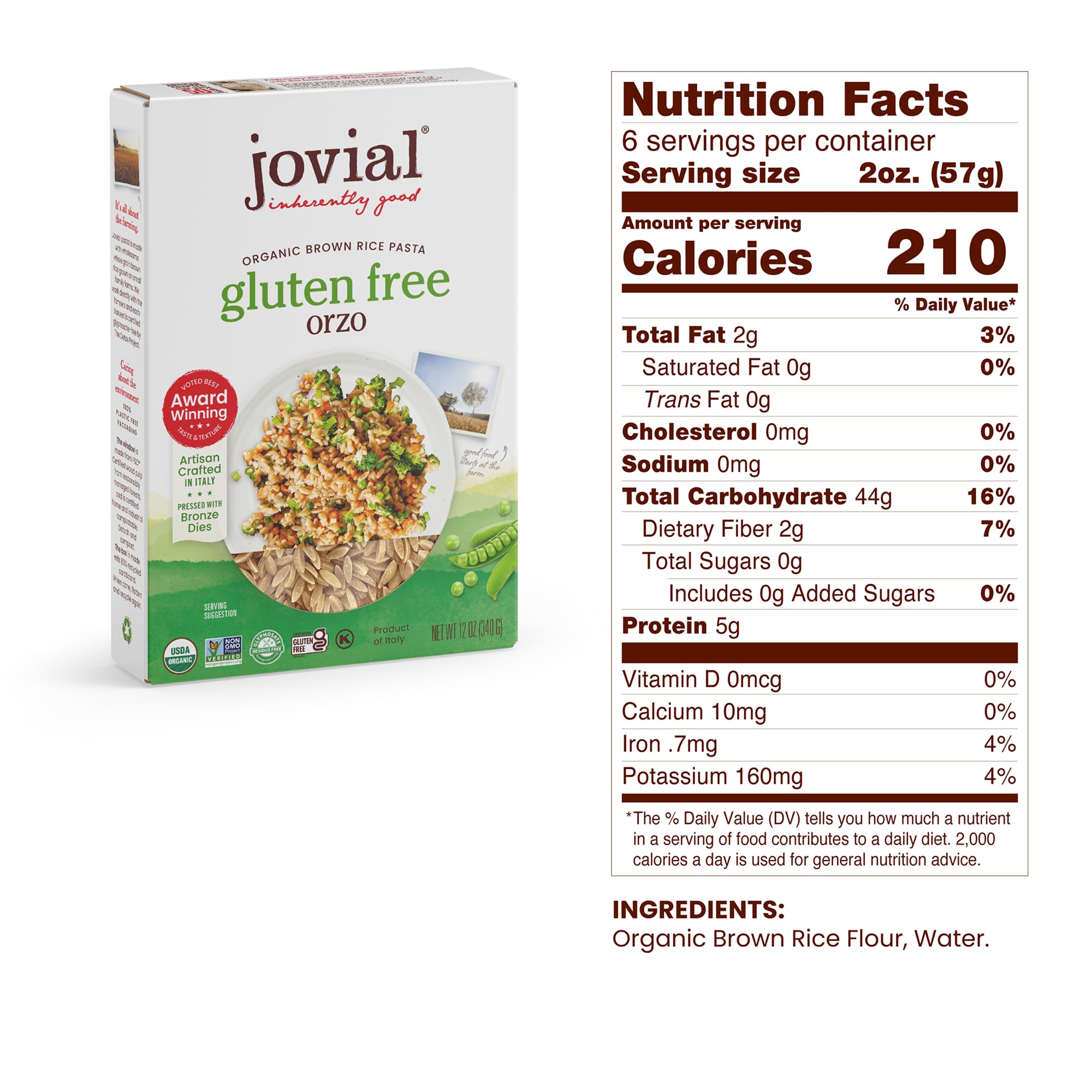 Jovial Organic Brown Rice Orzo Pasta - Gluten Free Whole Grain Orzo, Dairy Free, Made with 2 Ingredients, Non GMO, Artisan Crafted in Italy - 12 Oz