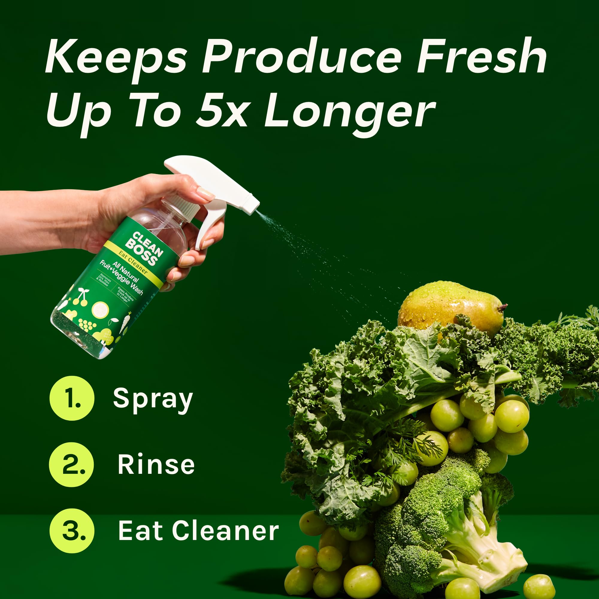 CleanBoss Eat Cleaner Triple-Action Fruit + Veggie Wash Refill - 64 oz - Removes Harmful Residue - Keeps Produce Fresh Up to 5X Longer - Vegan, Gluten