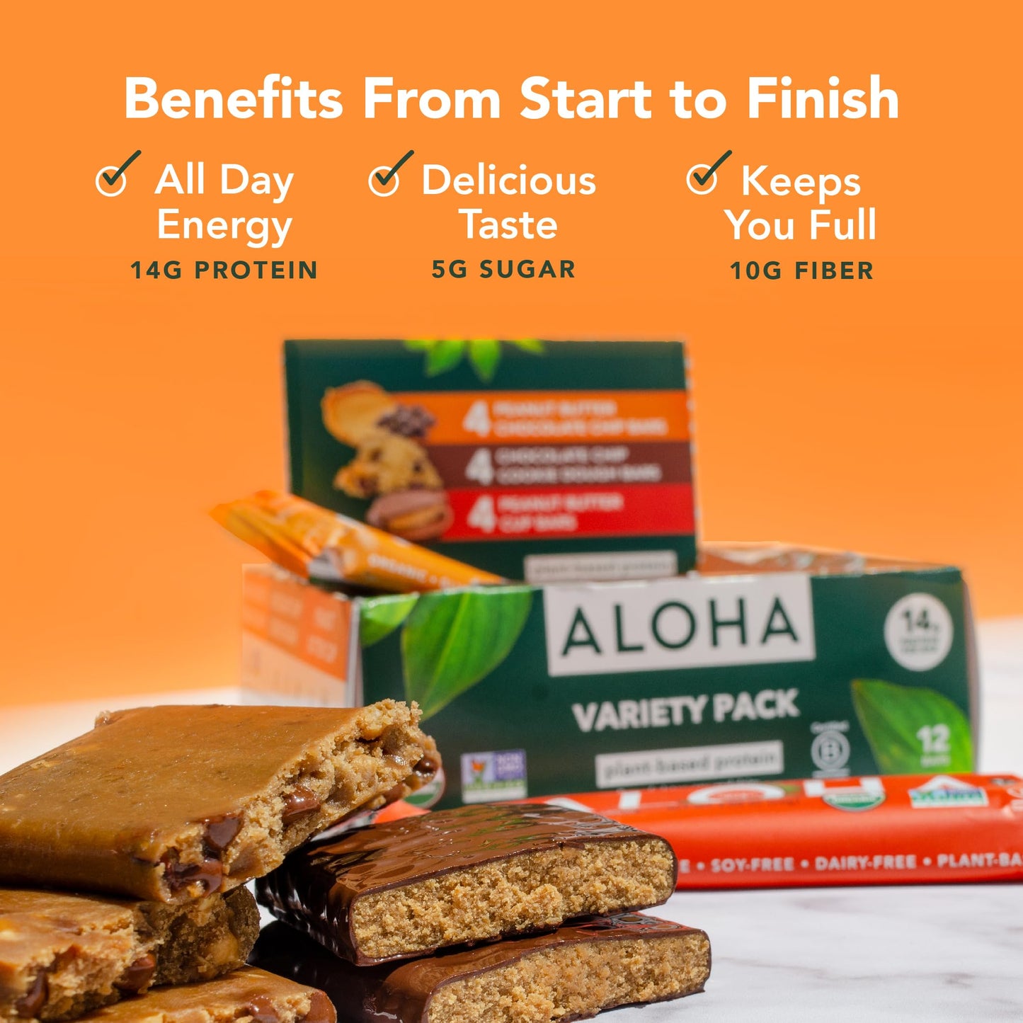 ALOHA Organic Plant Based Protein Bars - 3 Flavor Variety Pack - 12 Count, 1.98oz Bars - Vegan Snacks, Low Sugar, Gluten-Free, Low Carb, Paleo