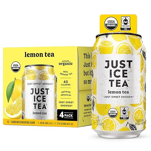 Just Ice Tea, Lemon Flavored Black Iced Tea, 4-Pack (12oz Cans), USDA Certified Organic, Real Brewed, Low Calorie, No Artificial Sweeteners, Fair