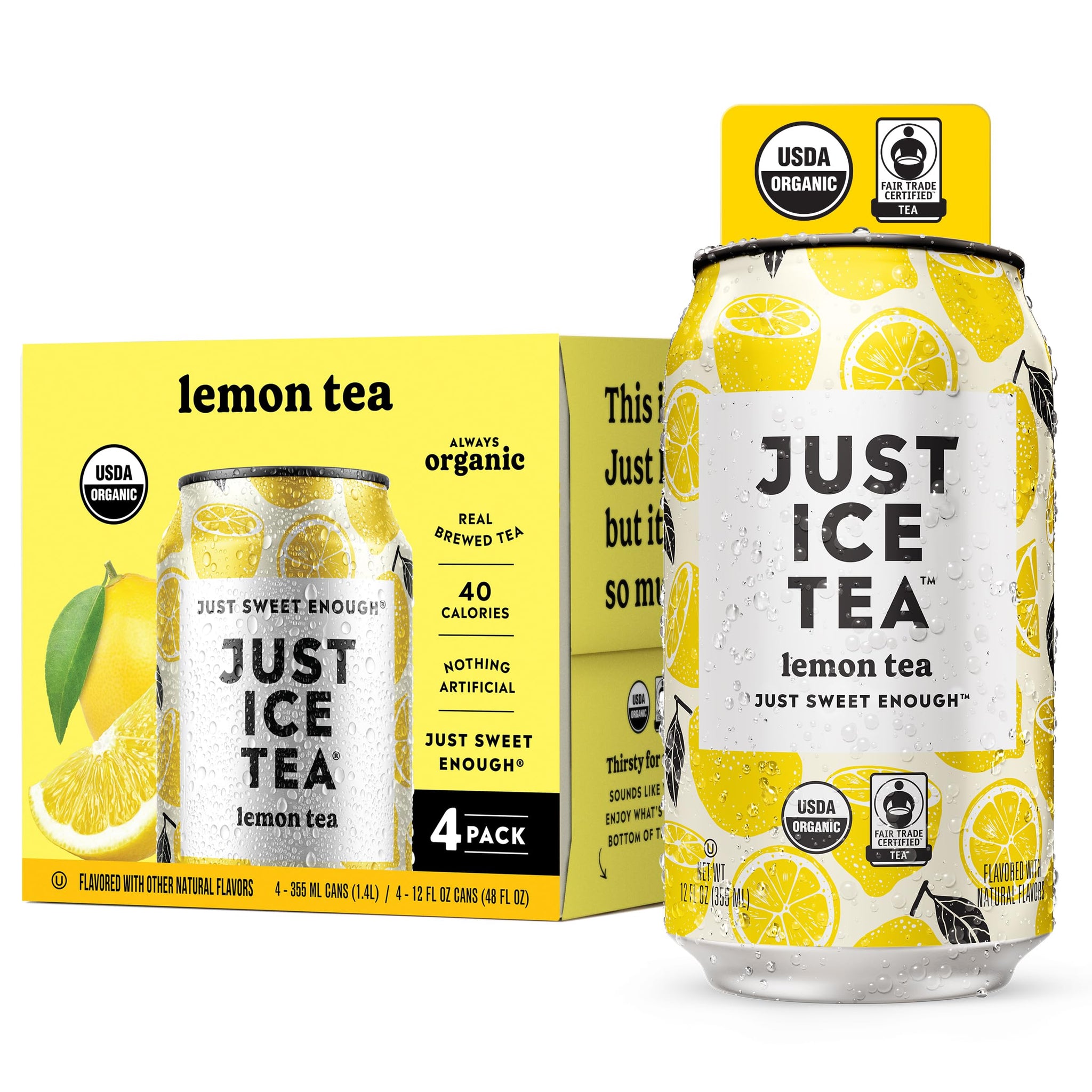 Just Ice Tea, Lemon Flavored Black Iced Tea, 4-Pack (12oz Cans), USDA Certified Organic, Real Brewed, Low Calorie, No Artificial Sweeteners, Fair