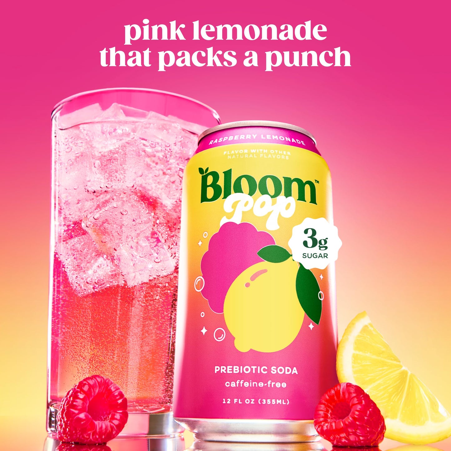Bloom Pop Prebiotic Soda 12 Pack, Raspberry Lemonade Flavor, 12oz Cans | Prebiotic Soda for Gut Health, Low Calorie Soda, No Caffeine, Healthy Soft