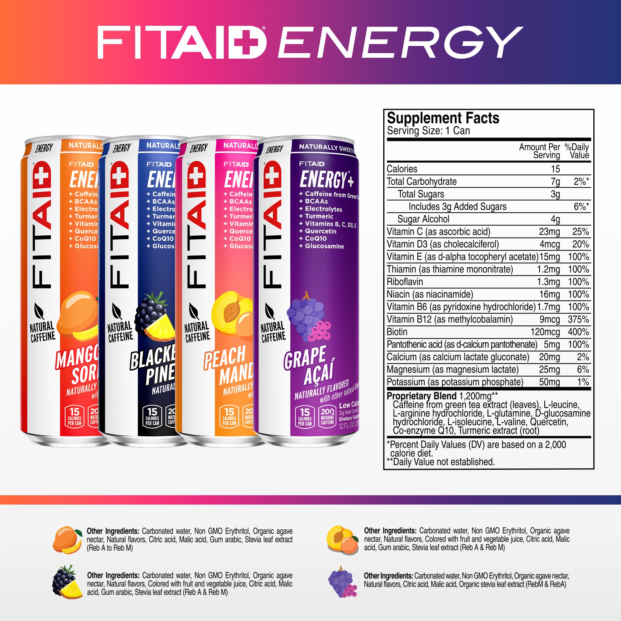 LIFEAID FITAID Energy, 200mg Natural Caffeine, Keto, Variety Pack, Optimum Performance Formula: BCAAs, Quercetin, Electrolytes, Omega-3s, 15 Calories