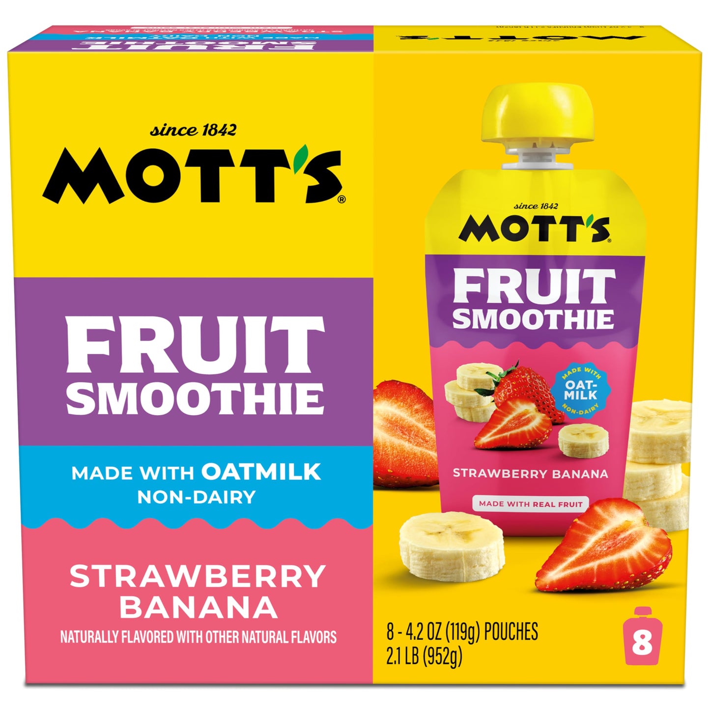 Mott’s Fruit Smoothies Strawberry Banana, 4.2 oz clear pouches, 8 Pack, Non-dairy, Made With Oatmilk, Made With Real Fruit, Good Source of Calcium