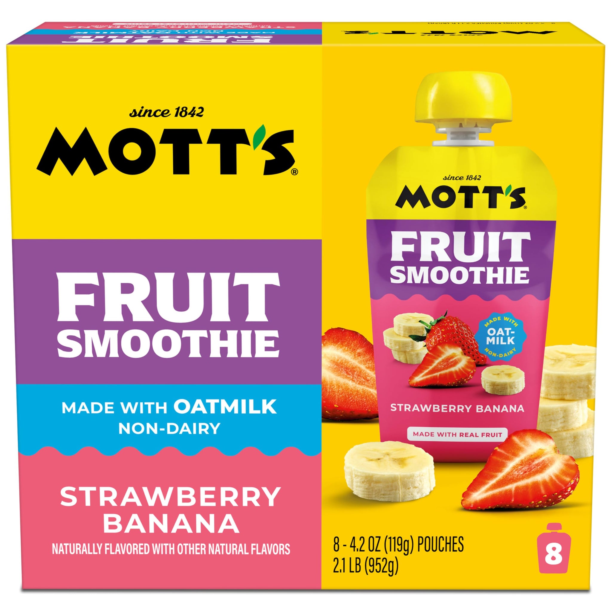 Mott’s Fruit Smoothies Strawberry Banana, 4.2 oz clear pouches, 8 Pack, Non-dairy, Made With Oatmilk, Made With Real Fruit, Good Source of Calcium