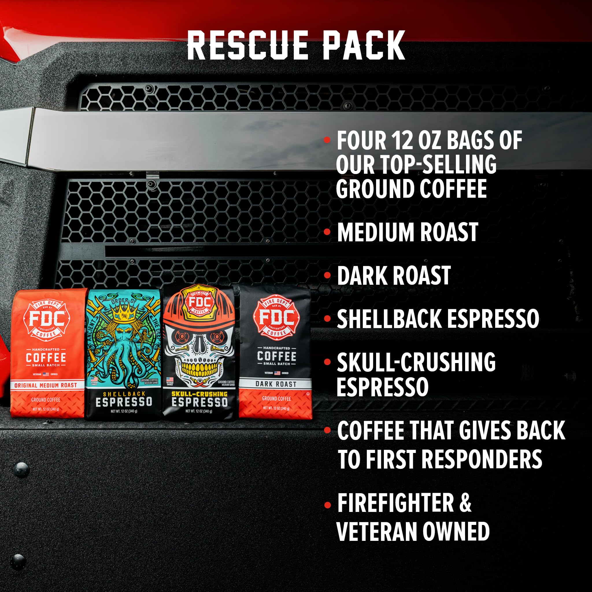Fire Department Coffee - Gives Back to Firefighters - Rescue Variety Pack - Ground Coffee - Medium, Dark, Shellback Espresso, & Skull Crushing