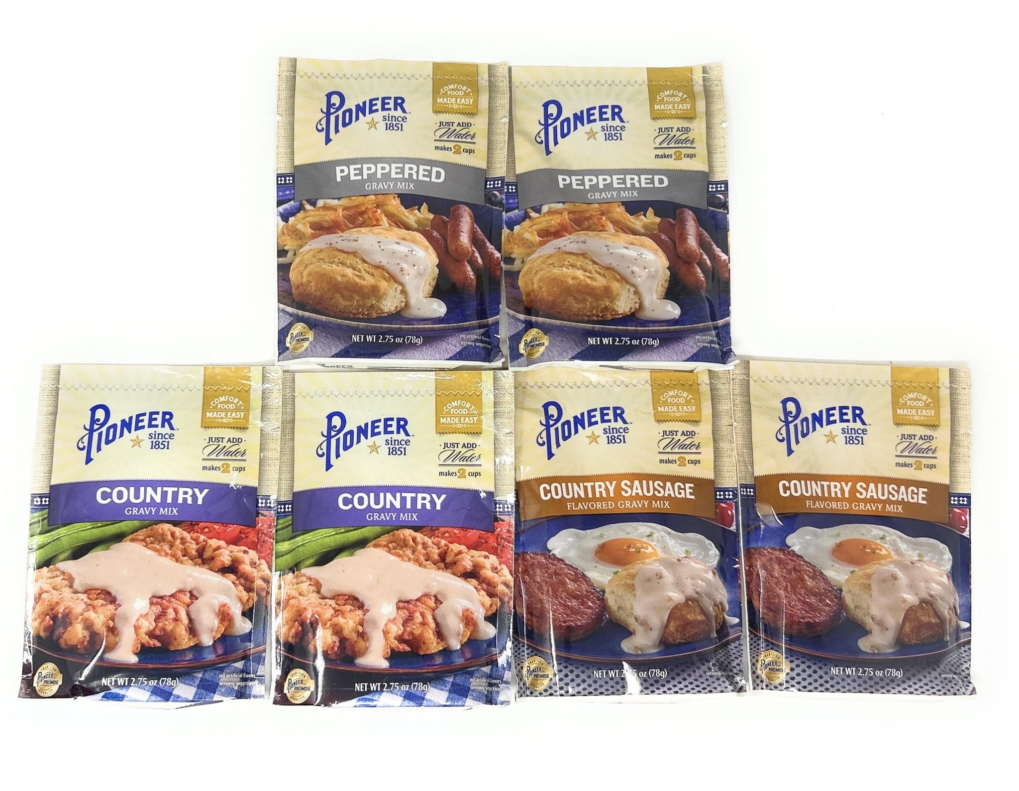 Pioneer Brand Gravy Variety Bundle, 2.75 oz (Pack of 6) includes 2-Count Peppered Gravy Mix + 2-Count Country Sausage Flavor Gravy Mix + 2-Count