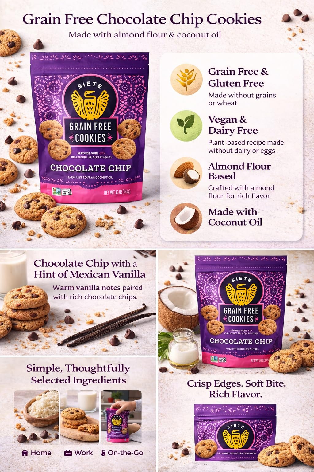 Siete Grain Free Cookies Mexican Vanilla Chocolate Chip - Gluten Free Vegan Cookies - Almond Flour Cookies with Coconut Oil - Dairy Free, Paleo