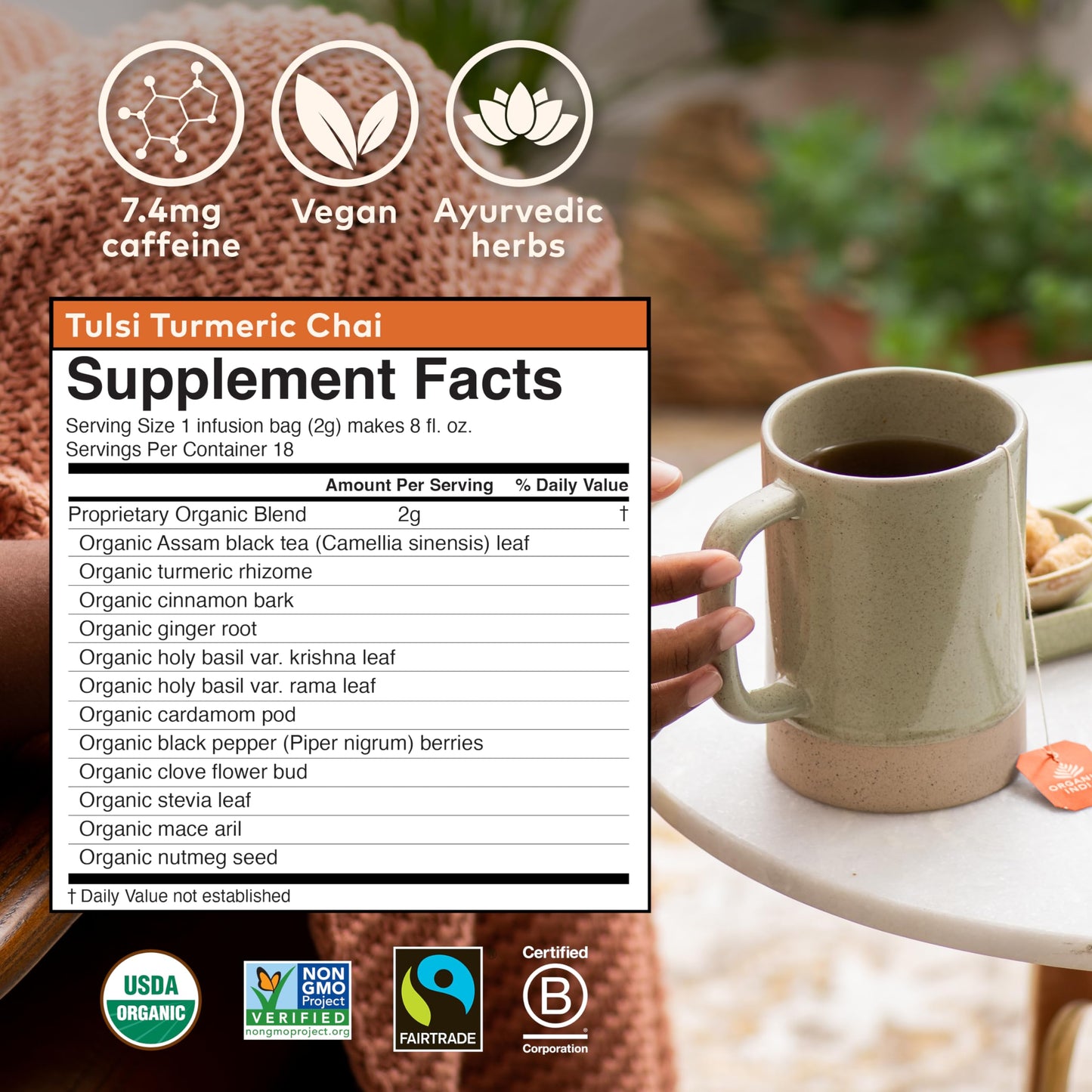 ORGANIC INDIA Tulsi Turmeric Chai Tea - Herbal Tea Bags with Caffeine, Ginger Root, Cinnamon, Holy Basil, Stress Relieving and Energizing, Immune