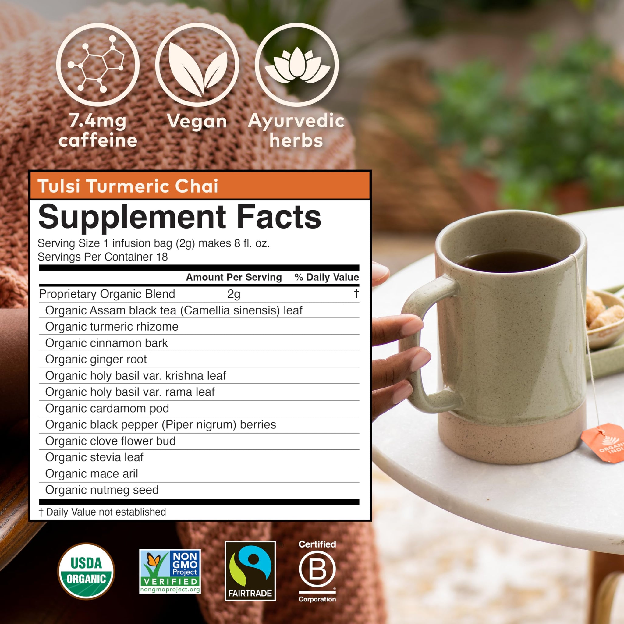 ORGANIC INDIA Tulsi Turmeric Chai Tea - Herbal Tea Bags with Caffeine, Ginger Root, Cinnamon, Holy Basil, Stress Relieving and Energizing, Immune