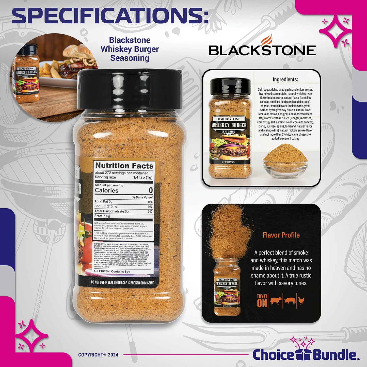 Blackstone Whiskey Burger Seasoning - Gourmet Griddle Premium Barbecue Rub 4 Pk (38.4 oz) + BBQ Masters & Opener (6 Items)!