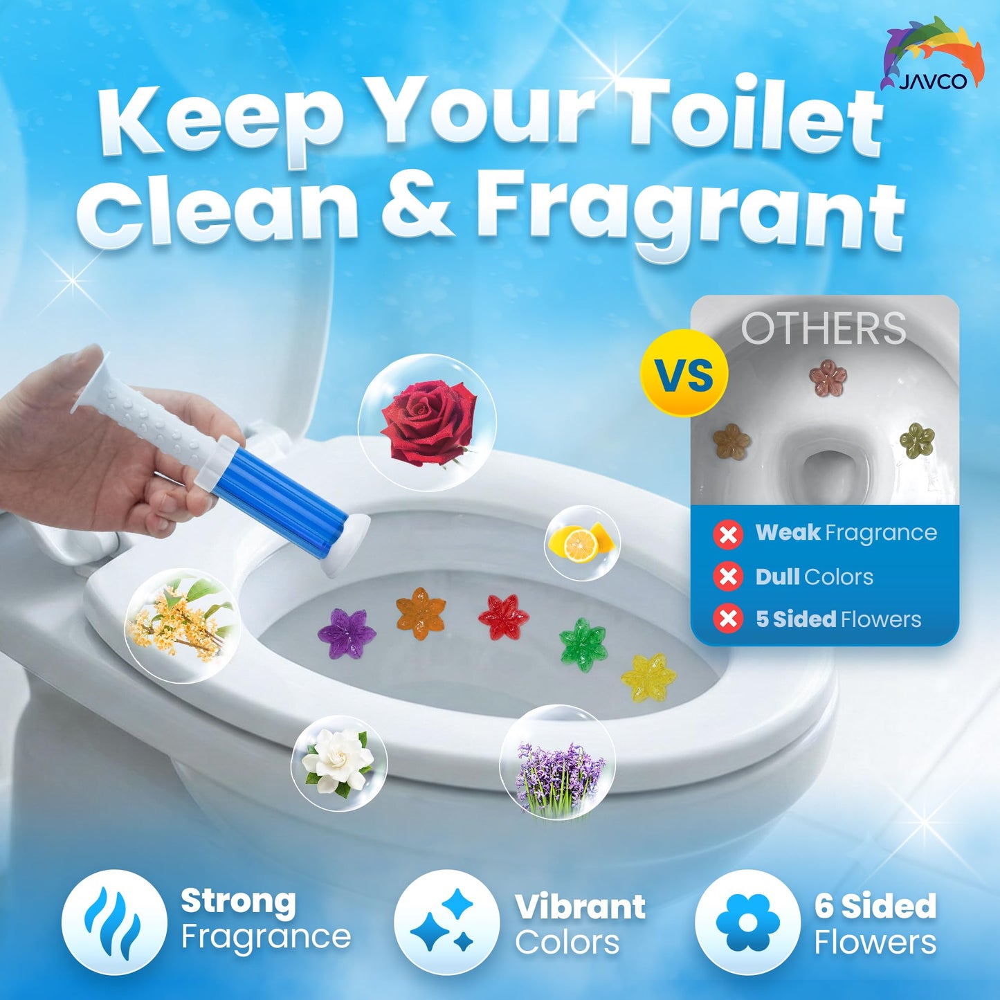 JAVCO Toilet Gel Stamps, 96 Flower Stamps Toilet Bowl Freshener, Long Lasting Toilet Cleaners Gel for Bathroom Odor Control, 8 Mixed Scents, Automatic