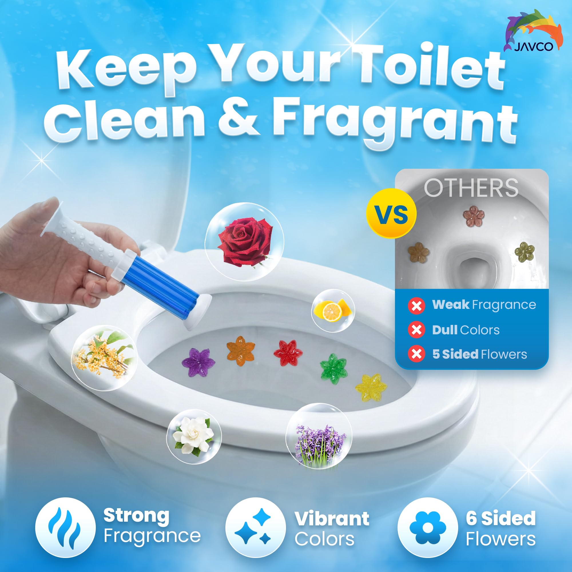 JAVCO Toilet Gel Stamps, 96 Flower Stamps Toilet Bowl Freshener, Long Lasting Toilet Cleaners Gel for Bathroom Odor Control, 8 Mixed Scents, Automatic