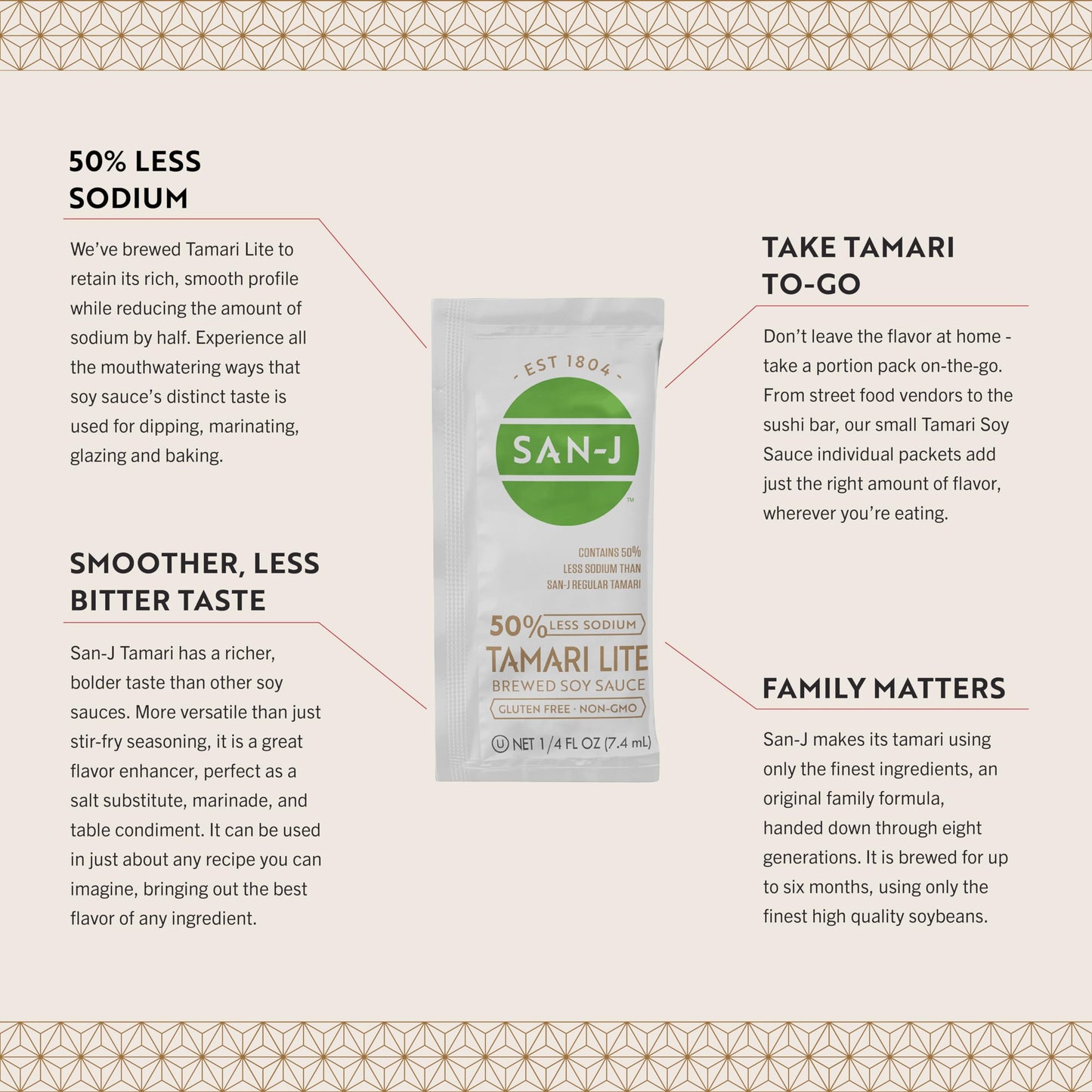 San-J Tamari Lite Soy Sauce, 50% Less Sodium, Portion Packets, 1/4oz, 50Pk