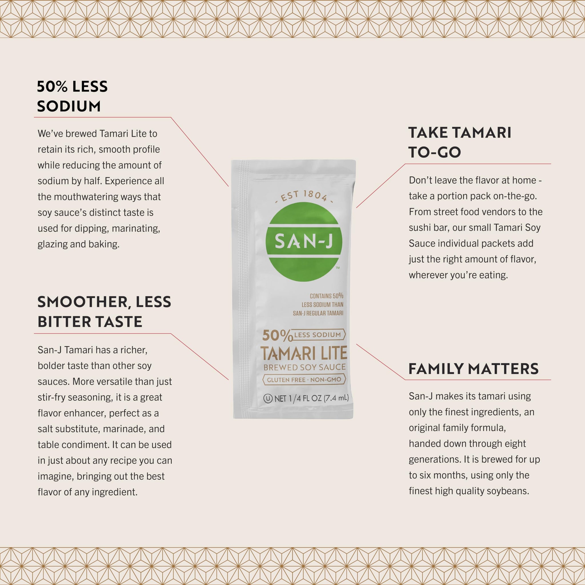 San-J Tamari Lite Soy Sauce, 50% Less Sodium, Portion Packets, 1/4oz, 50Pk