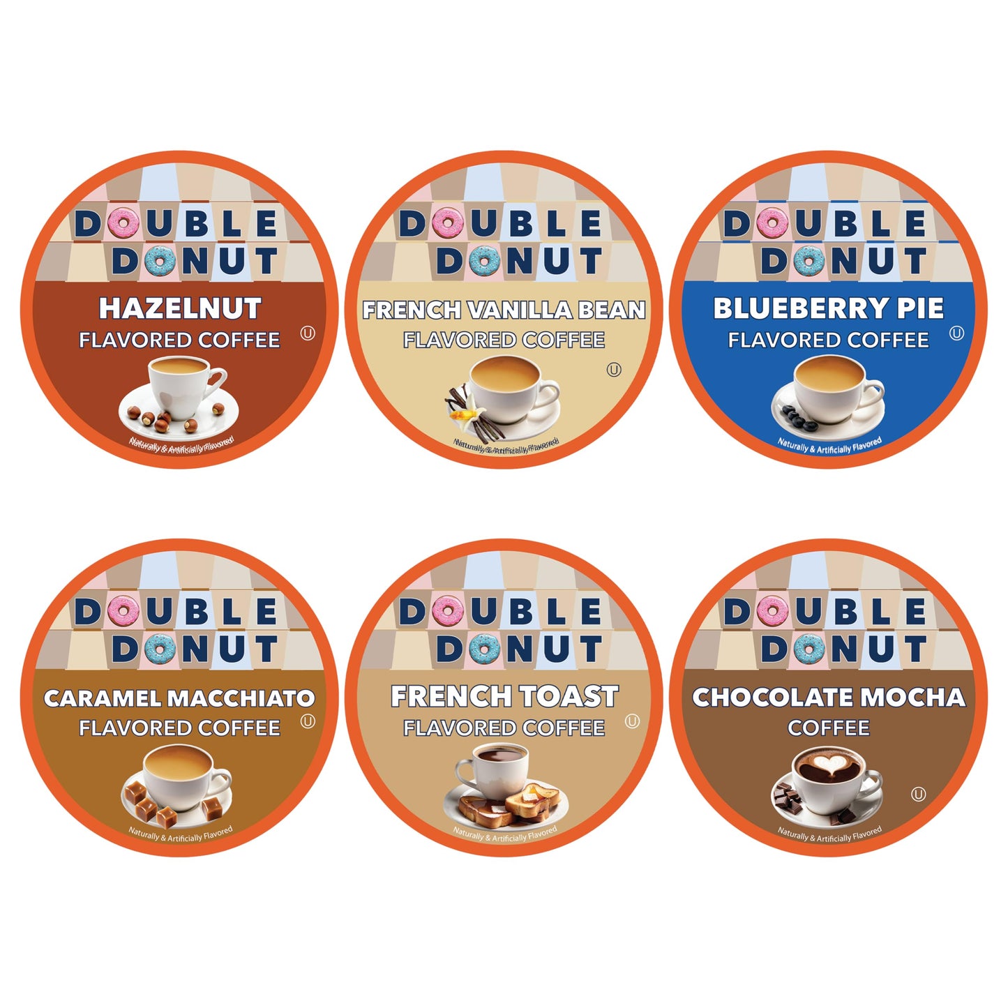 Double Donut Coffee Flavored Coffee Variety Pack, Includes Hazelnut, Caramel, Chocolate Coffee & More, Single Serve Pods for Keurig K Cups Machines