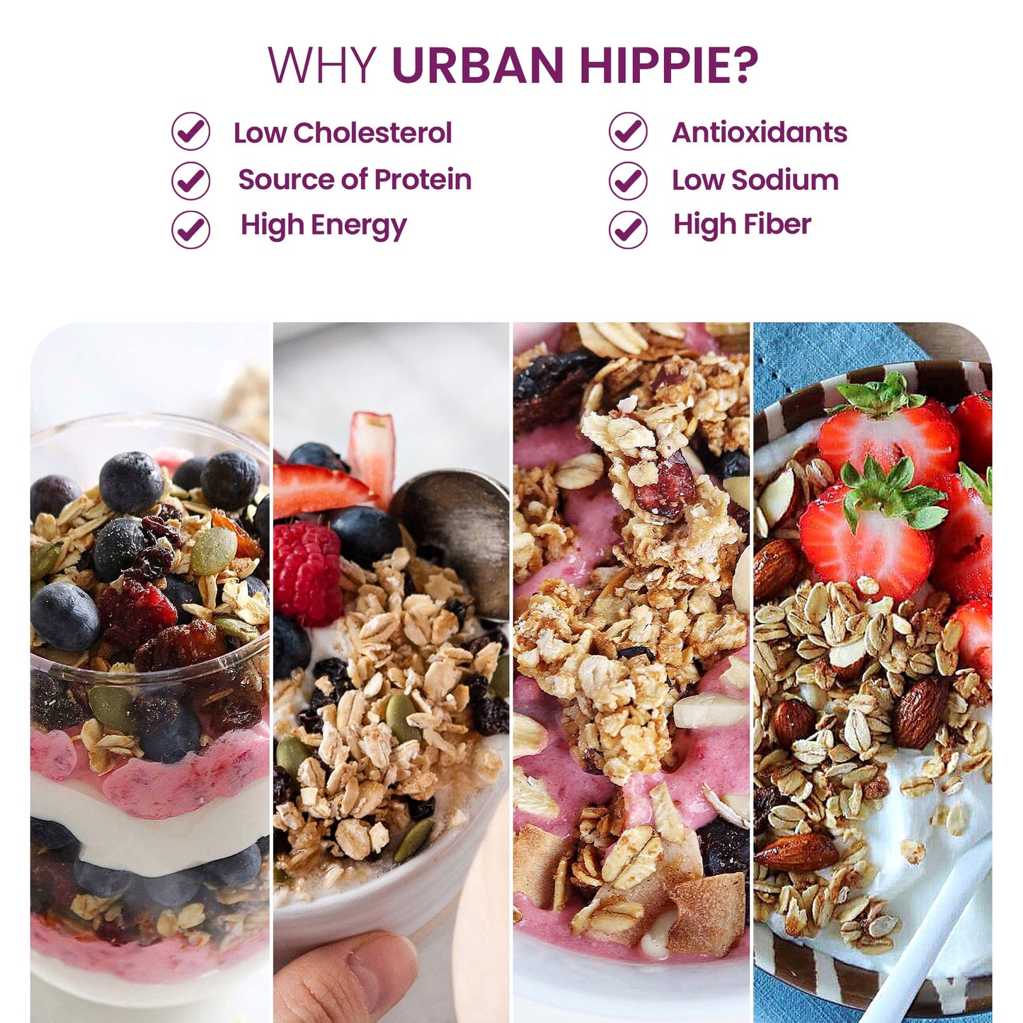 Urban Hippie Granola - Variety Pack of 1 Maca Matcha Superfood, 1 Tahitian Vanilla Coconut, 1 Vanilla and Cinnamon Flax Seed Granola, 1 Cranberry