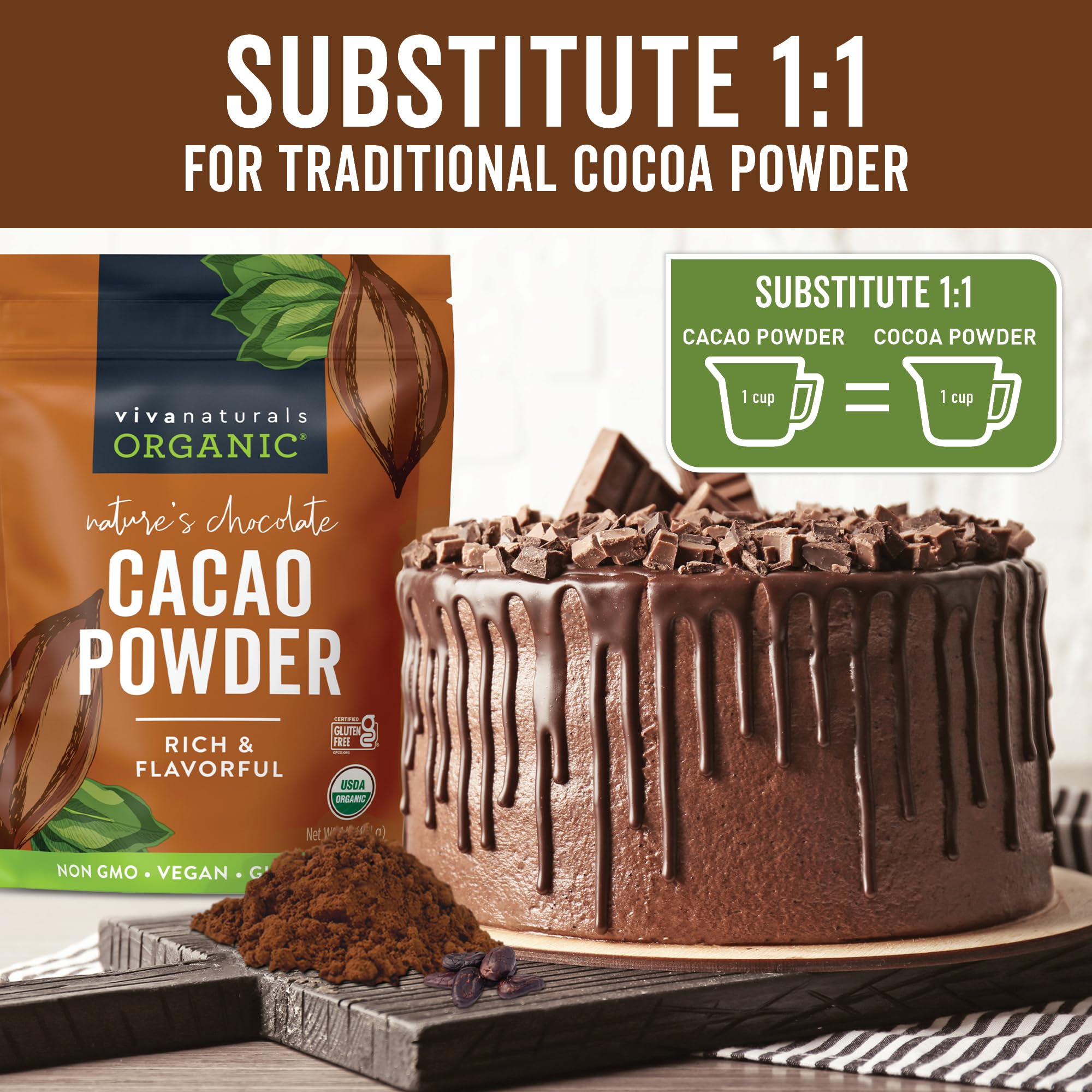 Organic Cacao Powder, Unsweetened, 1 lb (454 g) - Rich Dark Chocolate Flavor, Perfect for Baking, Smoothies & Hot Chocolate - Vegan, Keto, Paleo, Non-GMO & Gluten-Free Cocoa Powder