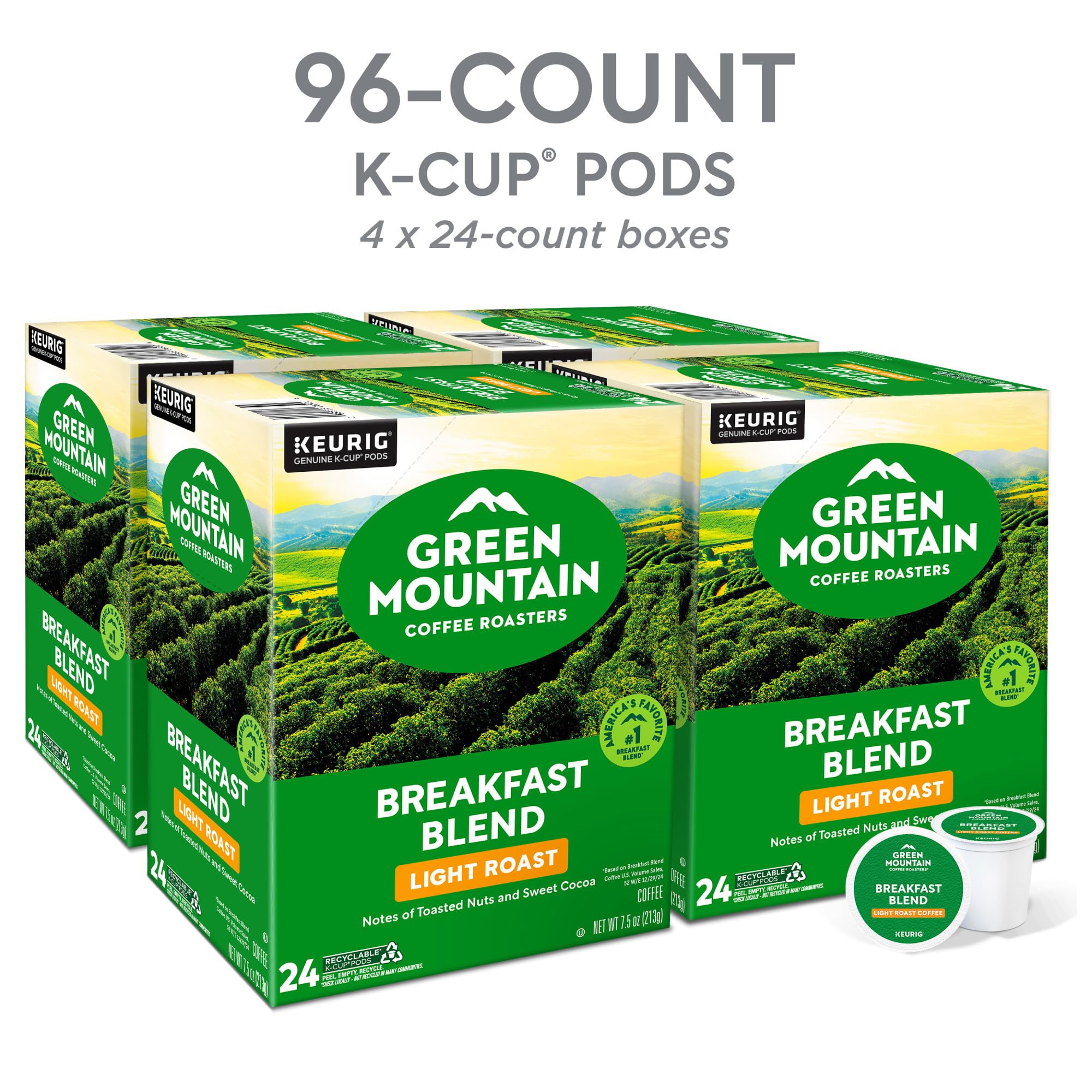 Green Mountain Coffee Roasters Breakfast Blend Single-Serve Keurig K-Cup Pods, Light Roast Coffee, 96 Count