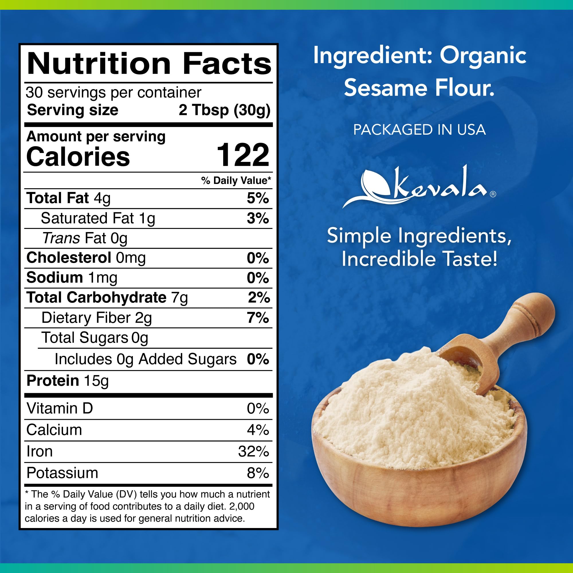 Kevala Organic Sesame Flour - 50% Protein Flour Made with Non GMO Sesame Seeds, With Mild Sesame Flavor, Vegan Protein Source, For Making Bread