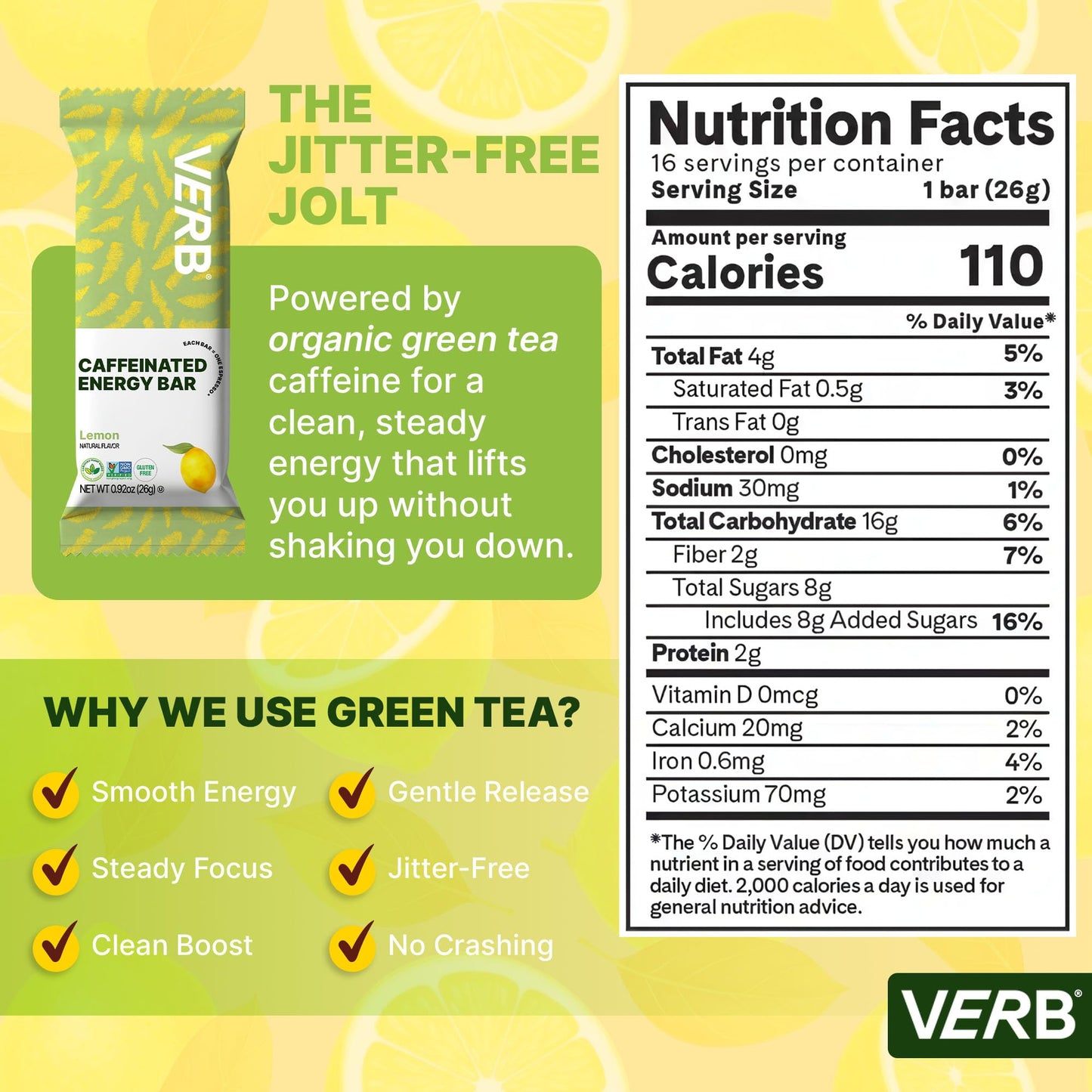 Verb Caffeinated Energy Bars Lemon (26g, Pack of 16) 110-Calorie Delicious Low Sugar Energy Bar - Vegan Gluten Free On-the Go Snack with 80mg Green