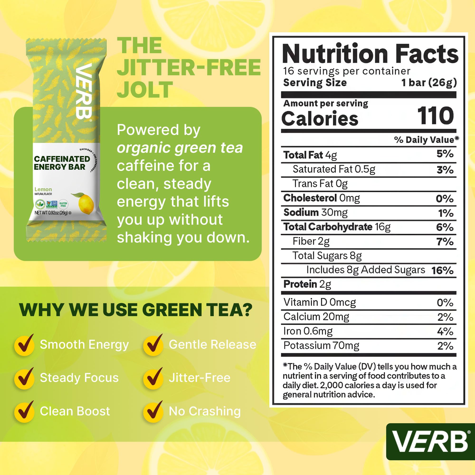 Verb Caffeinated Energy Bars Lemon (26g, Pack of 16) 110-Calorie Delicious Low Sugar Energy Bar - Vegan Gluten Free On-the Go Snack with 80mg Green