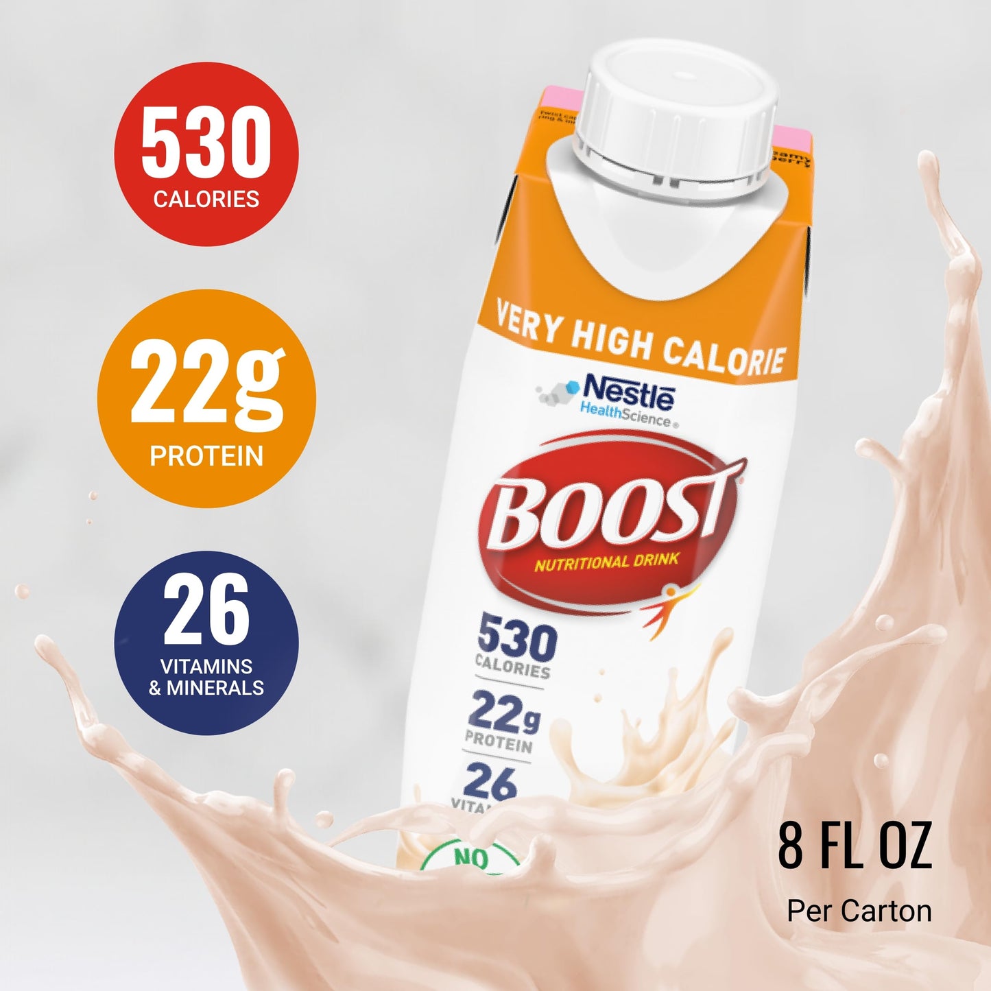 BOOST Very High Calorie Nutritional Drink, Supports Weight Gain & Maintenance, 22 g Protein, Creamy Strawberry, 8 fl oz (Pack of 24)