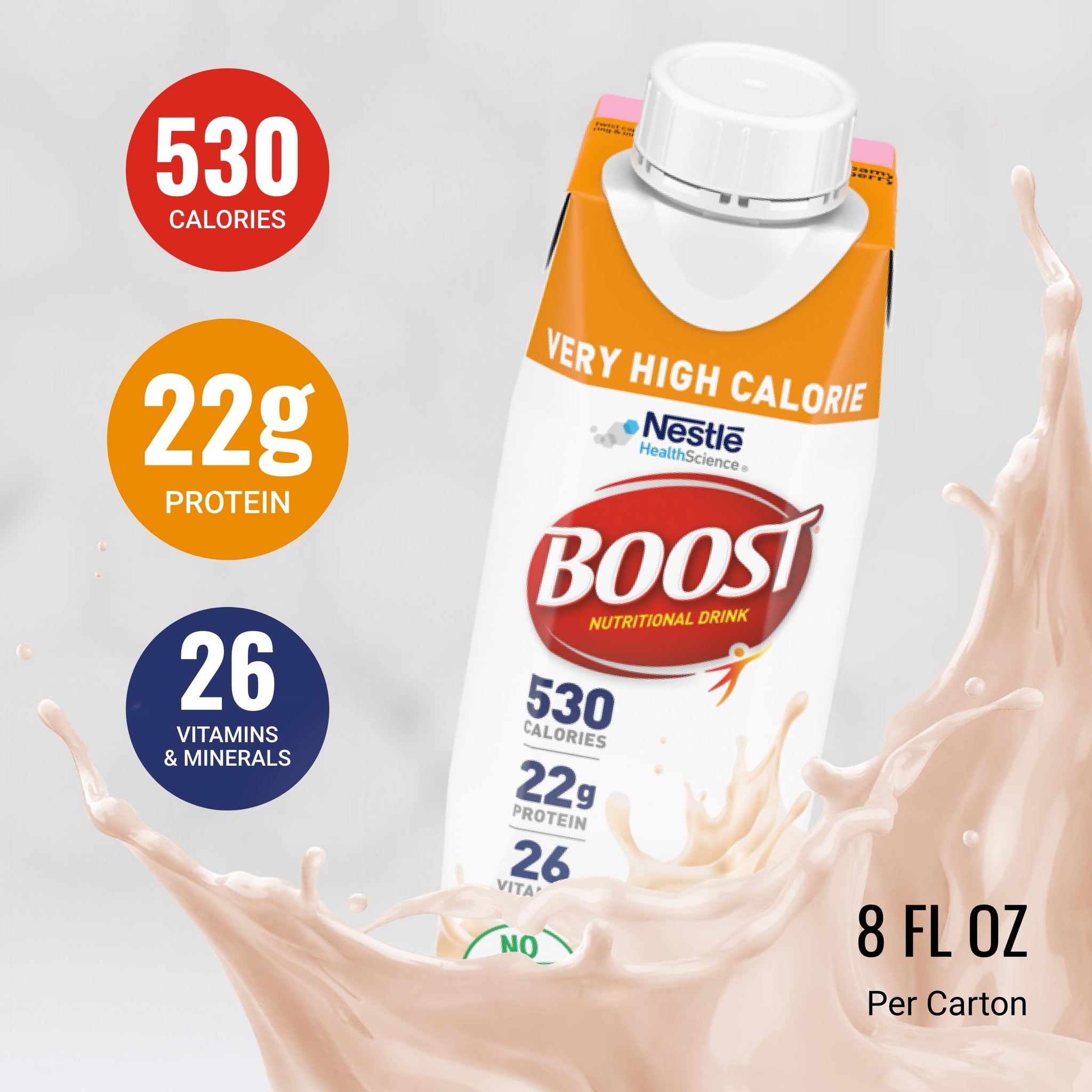BOOST Very High Calorie Nutritional Drink, Supports Weight Gain & Maintenance, 22 g Protein, Creamy Strawberry, 8 fl oz (Pack of 24)