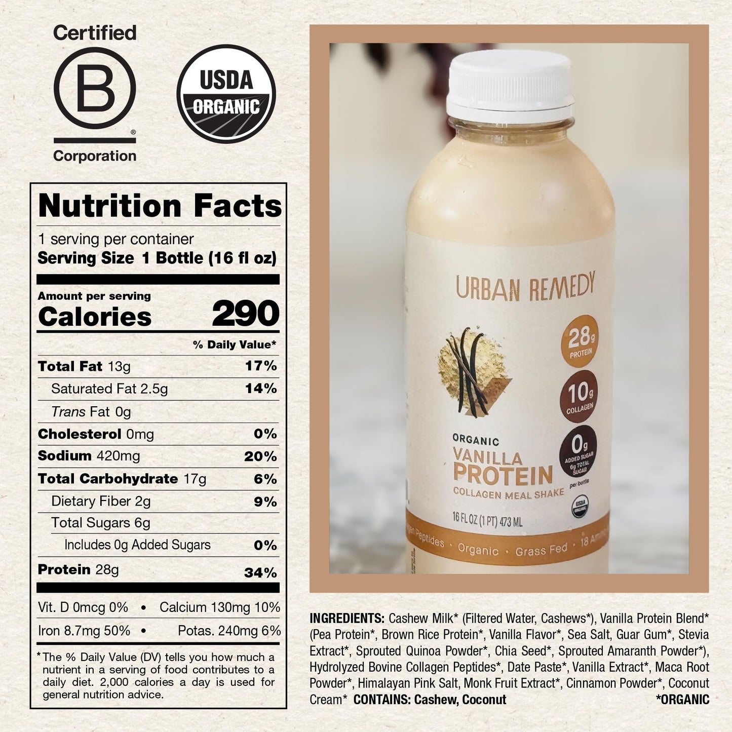 Urban Remedy Vanilla Protein Collagen Meal Shake, 16 oz - 28g Protein, 10g Organic Grass-Fed Collagen, No Added Sugar, Dairy-Free