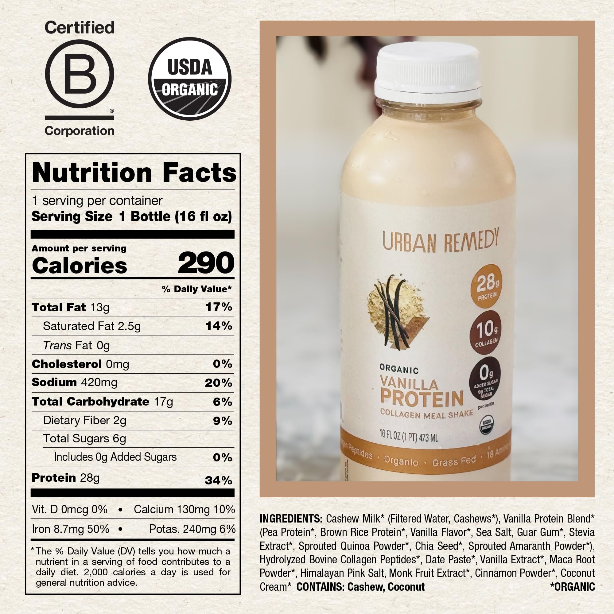 Urban Remedy Vanilla Protein Collagen Meal Shake, 16 oz - 28g Protein, 10g Organic Grass-Fed Collagen, No Added Sugar, Dairy-Free