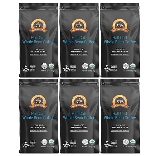 Alex's Low Acid Organic Coffee 12oz Bag - Half Caff Whole Bean (Pack of 6)