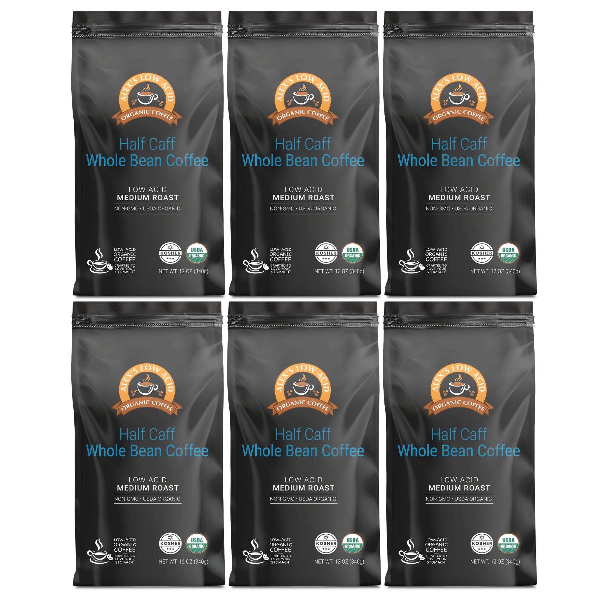 Alex's Low Acid Organic Coffee 12oz Bag - Half Caff Whole Bean (Pack of 6)