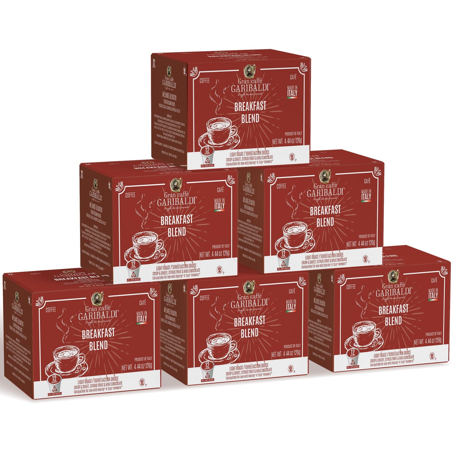 Caffè Garibaldi Breakfast Blend Coffee Pods, Single-Serve Capsules for Keurig K-Cup Brewers, Single Serve Cups with 100% Arabica Blend, 72 Count