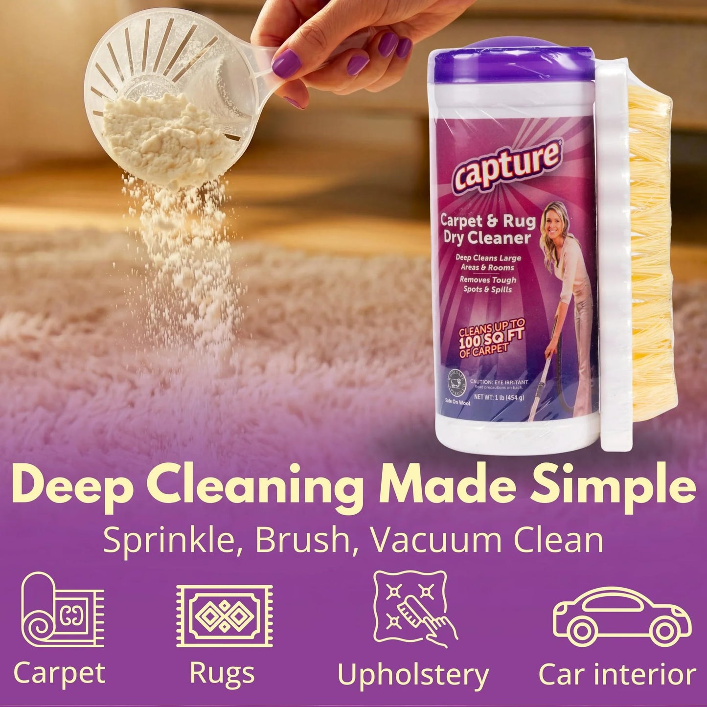 Capture Carpet & Rug Dry Cleaner w/Brush - Carpet Deodorizer & Freshener Powder - Spot & Stain Remover - Pet Odor Eliminator - Fresh Natural Scent