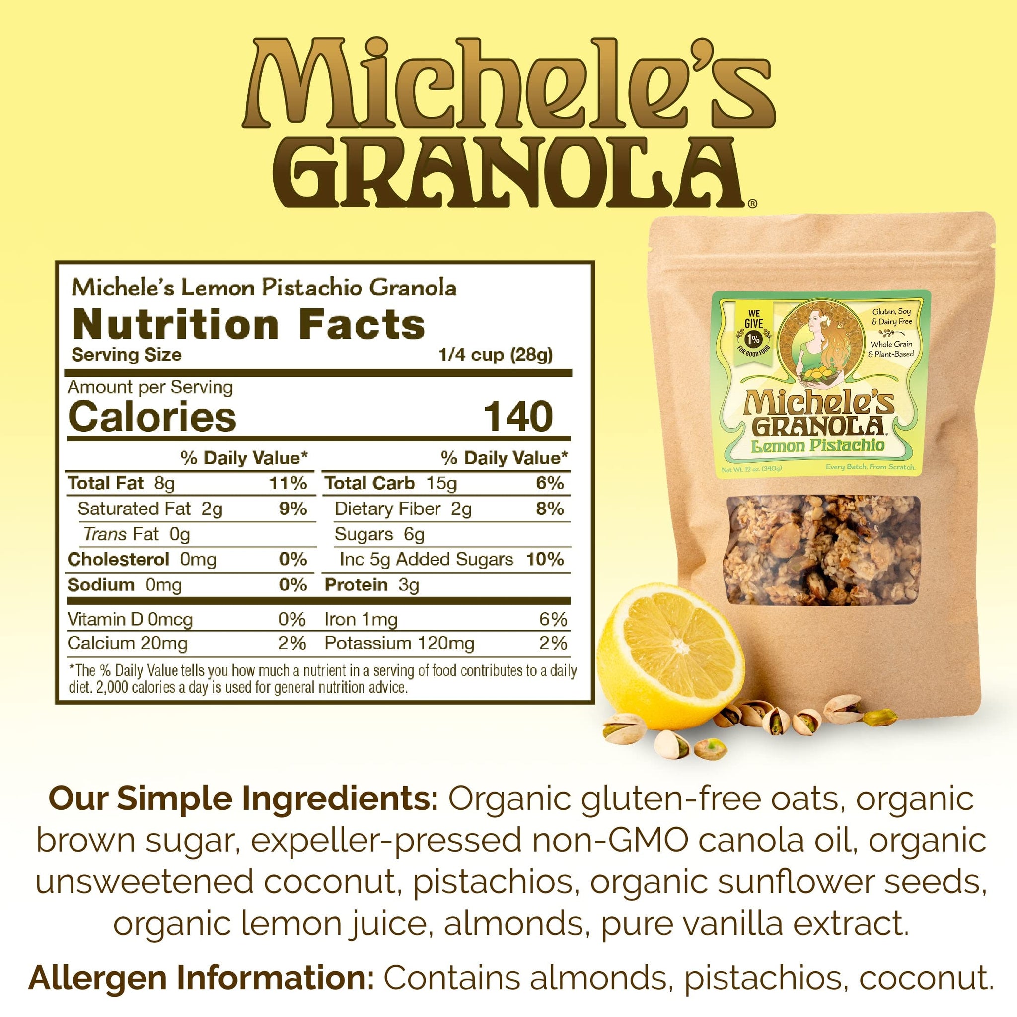 Michele's Granola Lemon Pistachio, Gluten Free & Non-GMO, 12 Ounce, Pack of 6