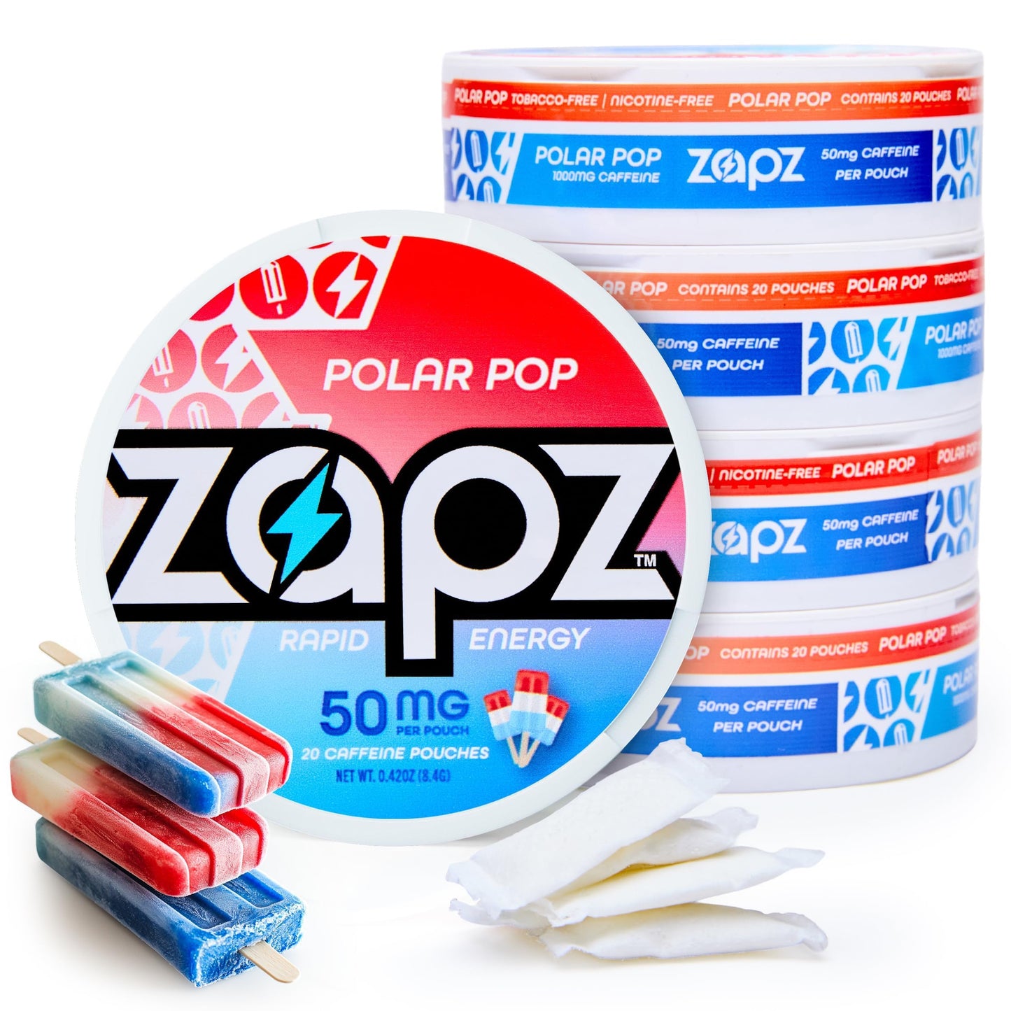 ZAPZ Caffeine Pouches, Polar Pop, 5 Cans x 20 Count, Energy Pouches with 50mg Caffeine, Nootropic Focus Support, Niacin, L-Theanine, L-Tyrosine, Sugar