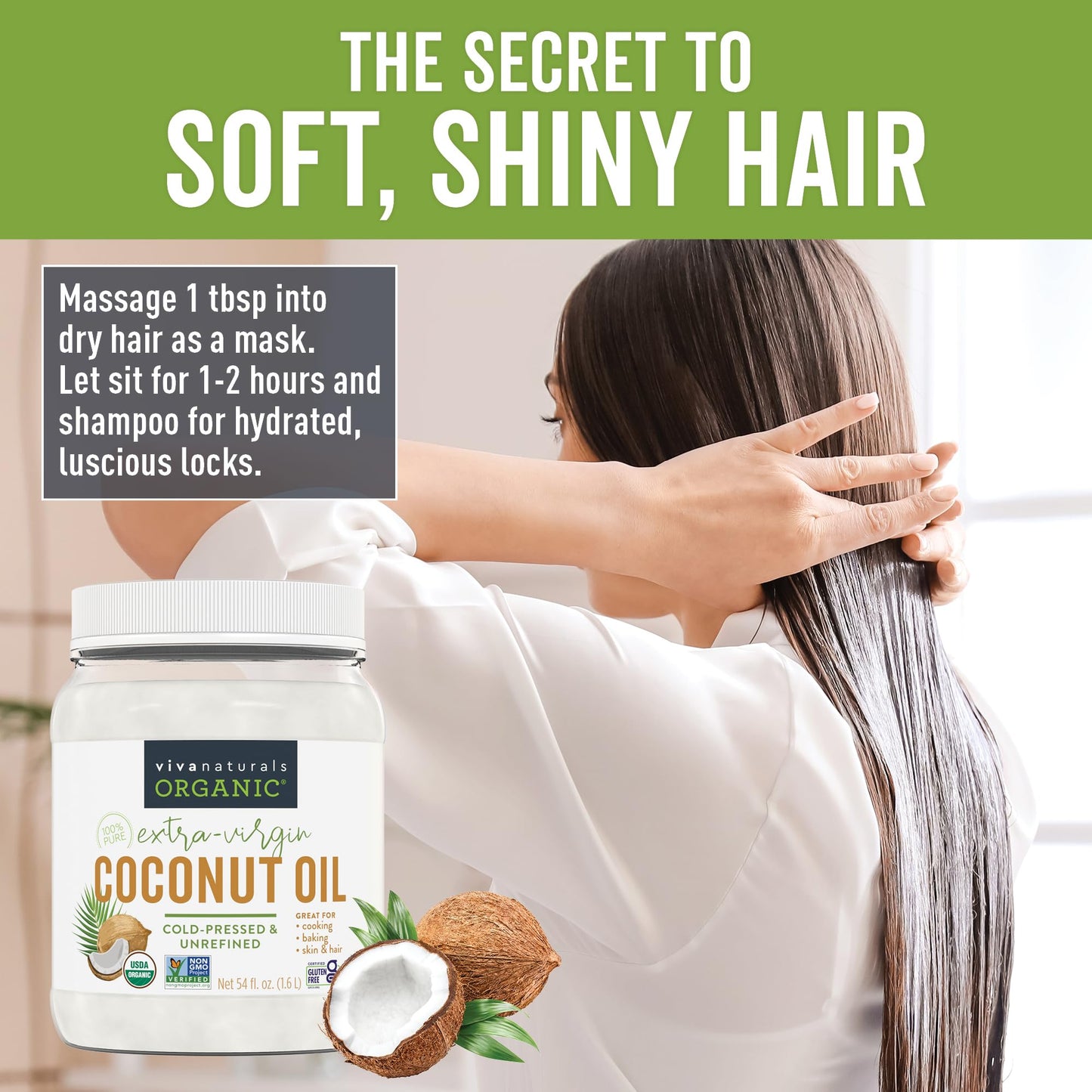 Viva Naturals Organic Coconut Oil, 54 fl oz - Unrefined, Cold-Pressed Extra Virgin Coconut Oil, USDA Organic & Non-GMO, Natural Cooking Oil, Hair Oil & Skin Oil