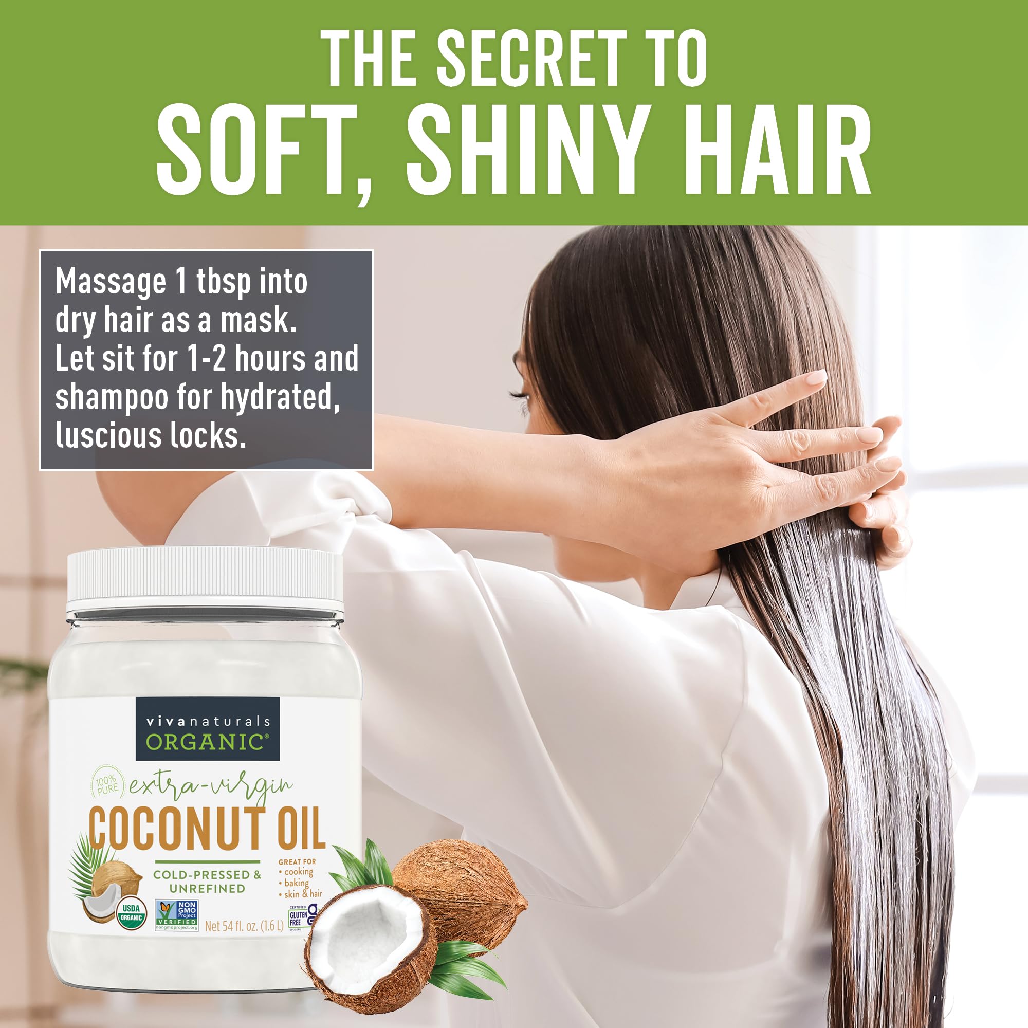 Viva Naturals Organic Coconut Oil, 54 fl oz - Unrefined, Cold-Pressed Extra Virgin Coconut Oil, USDA Organic & Non-GMO, Natural Cooking Oil, Hair Oil & Skin Oil