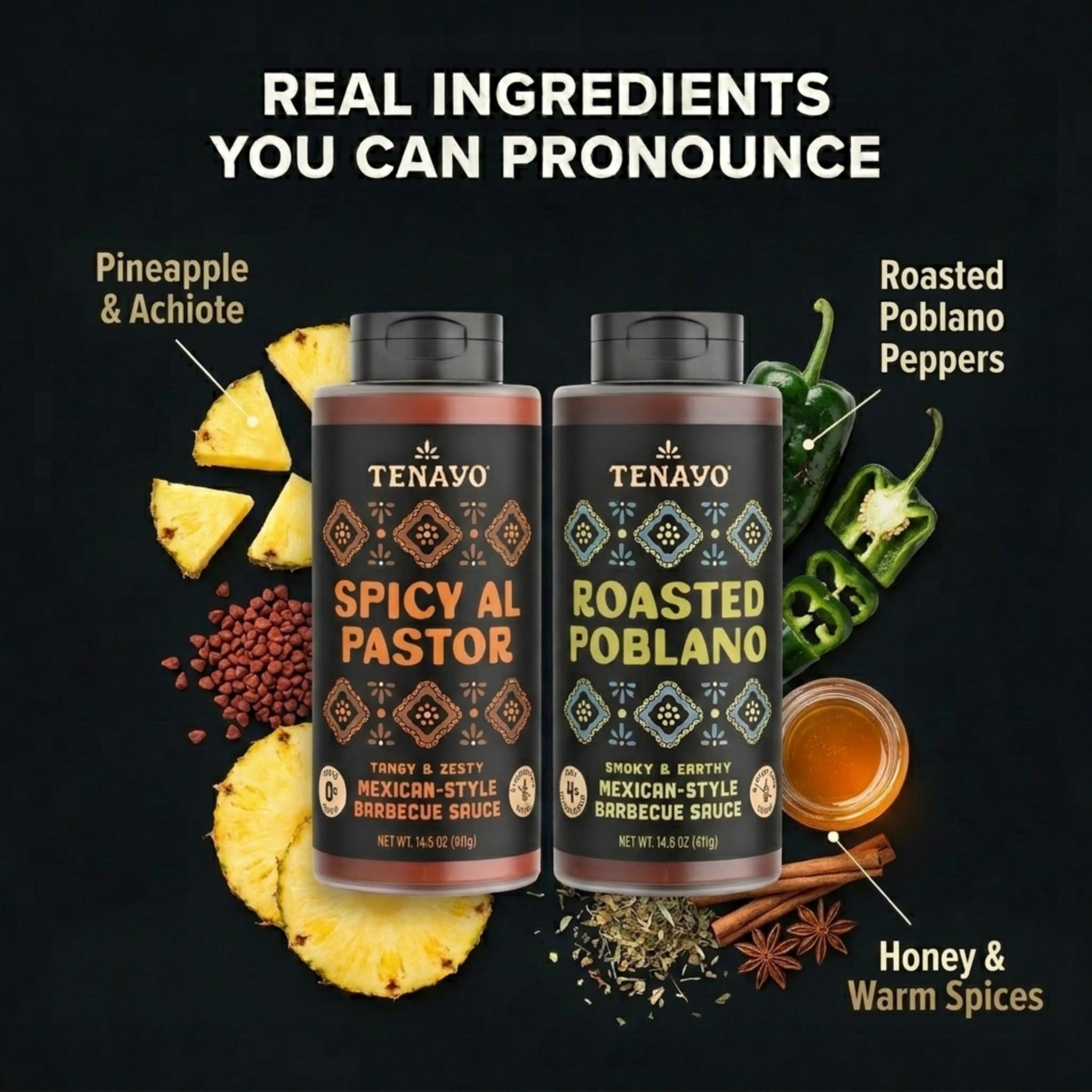 Tenayo Spicy Al Pastor & Roasted Poblano Barbecue Sauce 2-Pack (14.5 oz Bottles) - Mexican Style Sauce Duo with Pineapple, Chipotle & Roasted Poblano