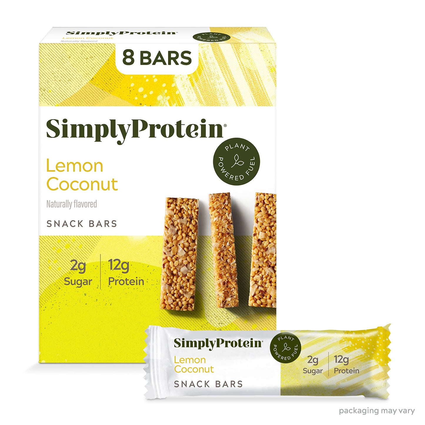 SimplyProtein Lemon Coconut Snack Bars, Naturally Flavored, 12g Protein, 7g Fiber, Low Sugar, Plant-Based, Kosher, Gluten Free & Non-GMO, 8 Count