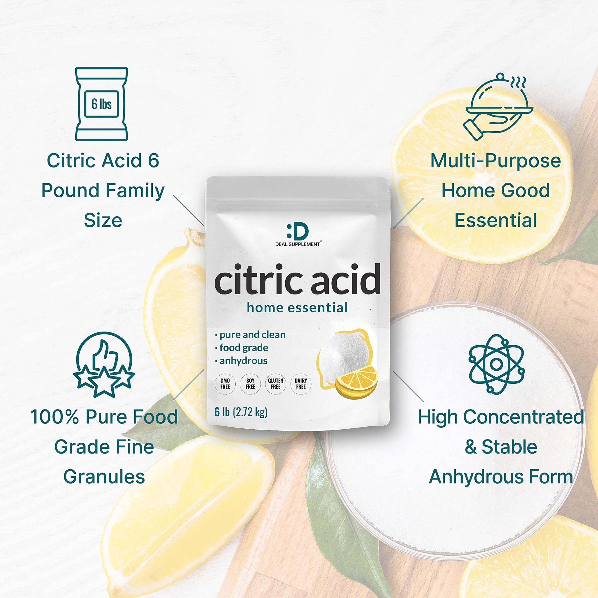 Citric Acid 6 Pounds | Fine Granular Powder, Food Grade, Bulk Supply - Potent Anhydrous Form - Versatile Flavor Enhancer, Preservative, Cleaning