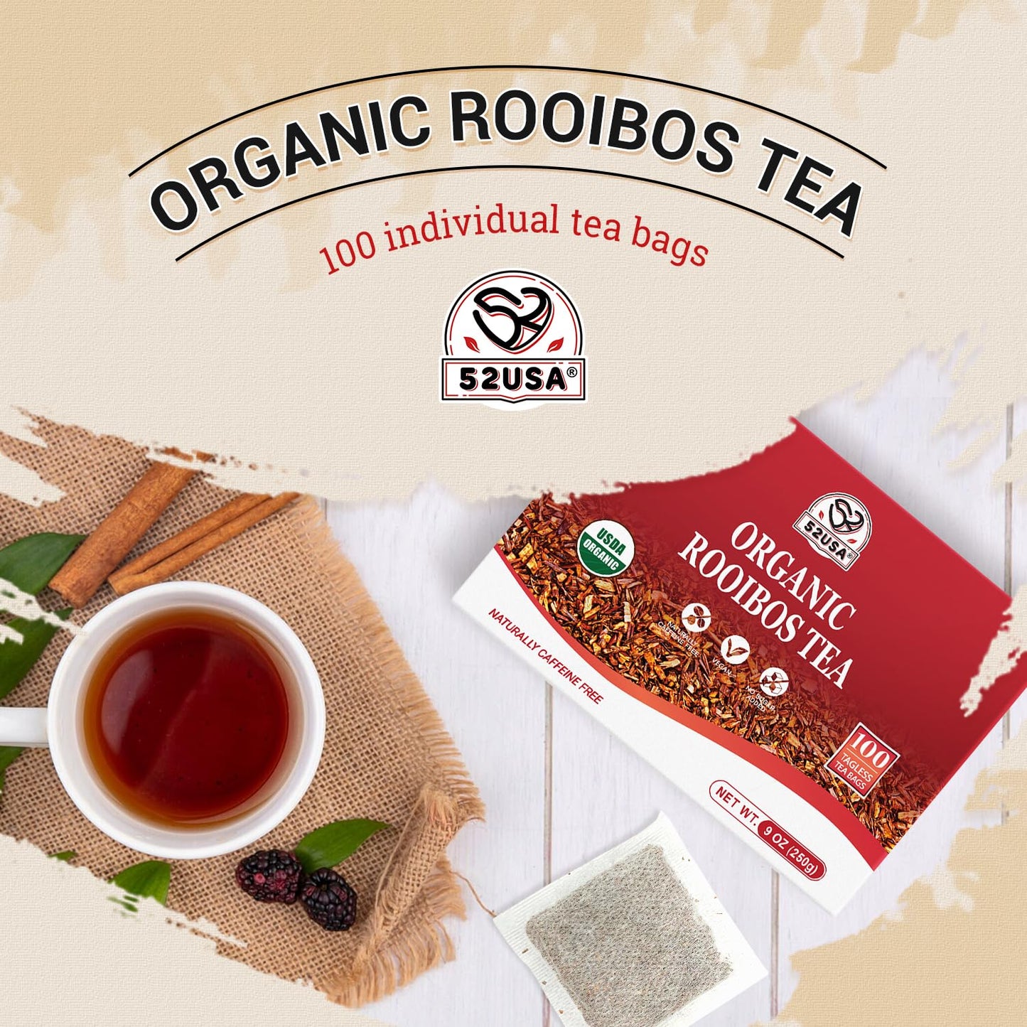 52USA Rooibos Tea Organic, 100 Tea bags, Pure Premuim Rooibos Tea, Naturally Sweet Herbal Tea, Caffeine Free Rooibos Tea, Farmed in South Africa, 9oz
