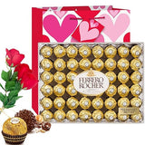 Valentine Day Gift Ferrero Rocher Hazelnut Chocolates Diamond Box 48 Count | Velvet Artificial Rose Flower bouquet | Premium Gift Bag Basket Love
