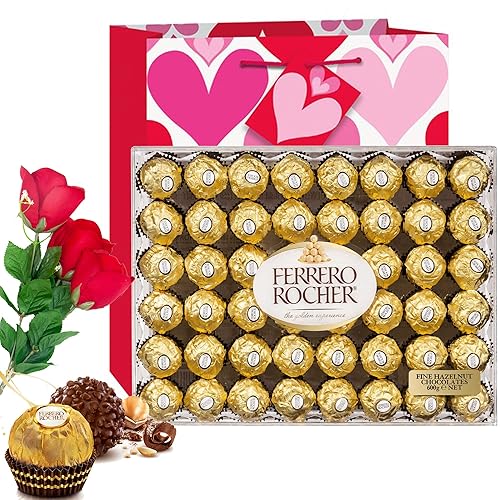 Valentine Day Gift Ferrero Rocher Hazelnut Chocolates Diamond Box 48 Count | Velvet Artificial Rose Flower bouquet | Premium Gift Bag Basket Love