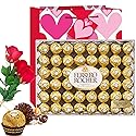 Valentine Day Gift Ferrero Rocher Hazelnut Chocolates Diamond Box 48 Count | Velvet Artificial Rose Flower bouquet | Premium Gift Bag Basket Love