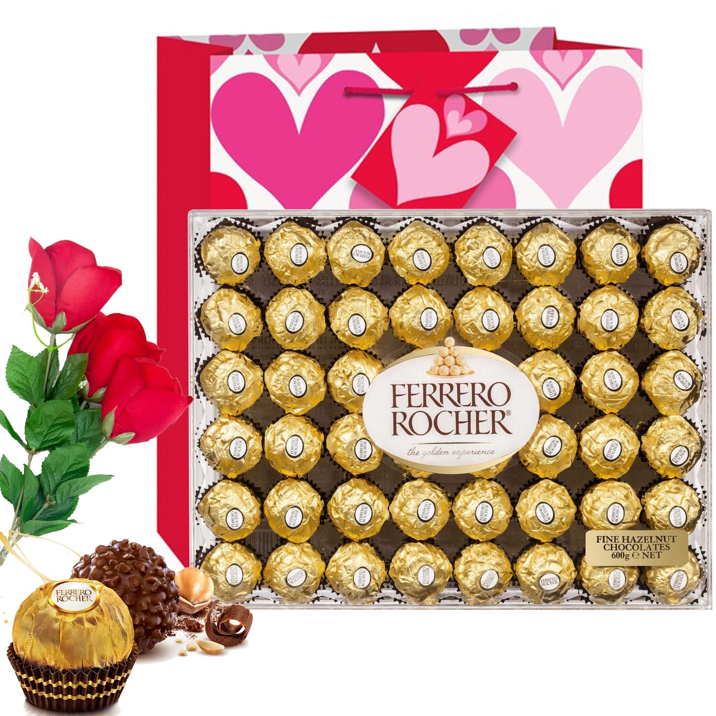 Valentine Day Gift Ferrero Rocher Hazelnut Chocolates Diamond Box 48 Count | Velvet Artificial Rose Flower bouquet | Premium Gift Bag Basket Love