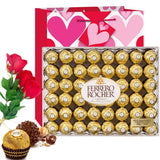 Valentine Day Gift Ferrero Rocher Hazelnut Chocolates Diamond Box 48 Count | Velvet Artificial Rose Flower bouquet | Premium Gift Bag Basket Love