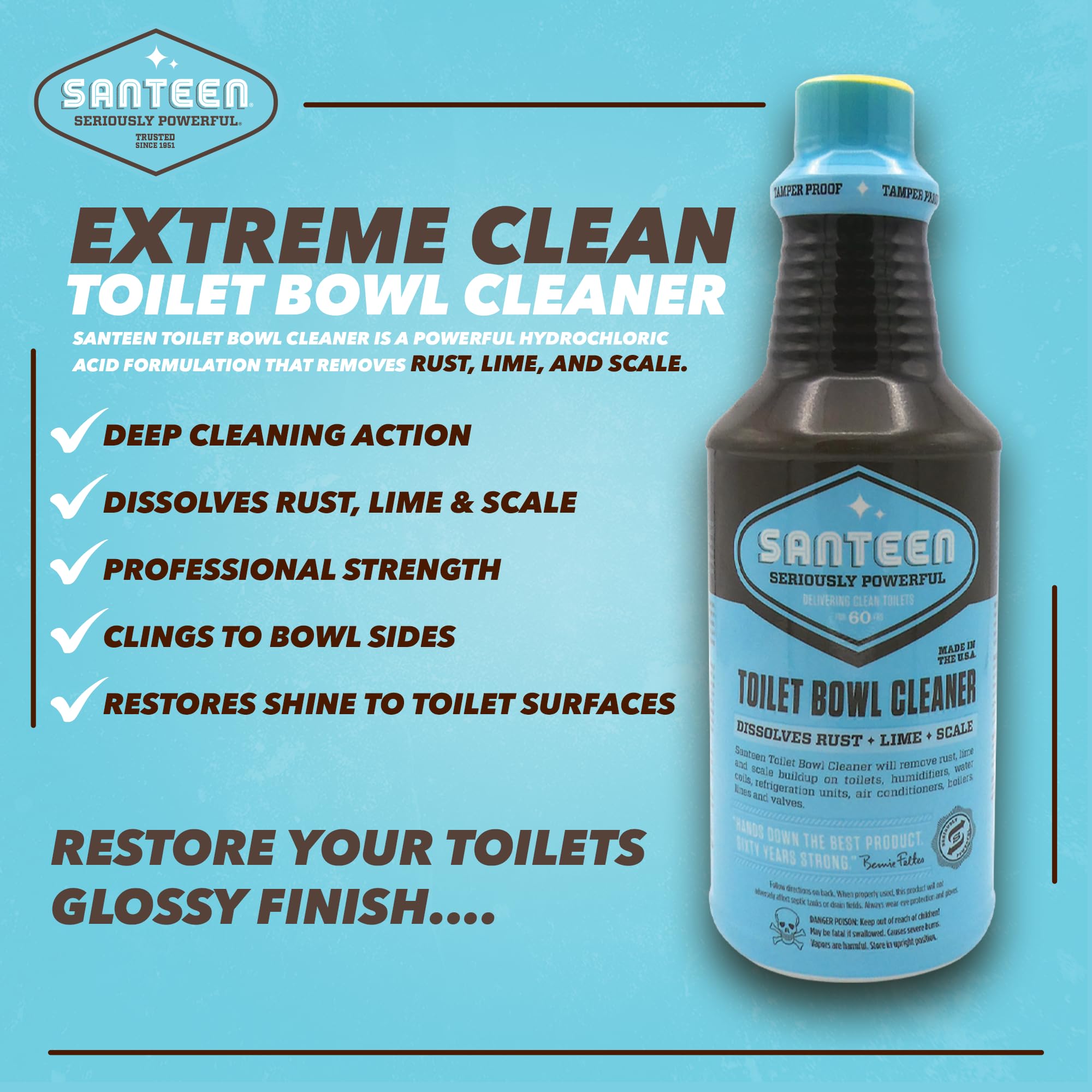 Santeen Professional Toilet Bowl Cleaner - 6 Pack (32oz Bottles) - Heavy Duty Rust, Lime & Scale Remover - Restores Porcelain Finish - Industrial