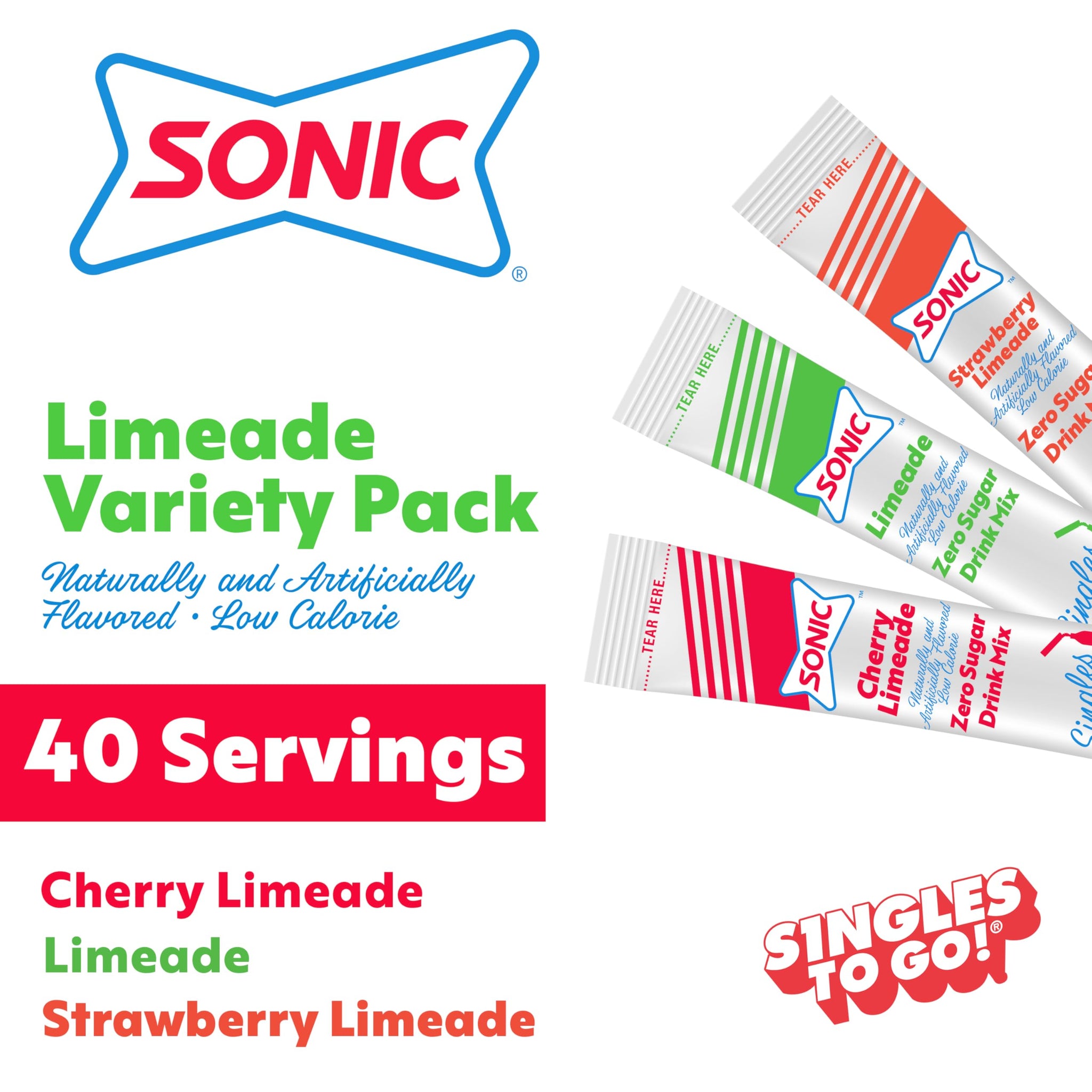 Sonic Singles To Go Limeade Variety Pack, Watertok Powdered Drink Mix, Includes 3 Flavors, Limeade, Cherry and Strawberry 1 Box (40 Servings)