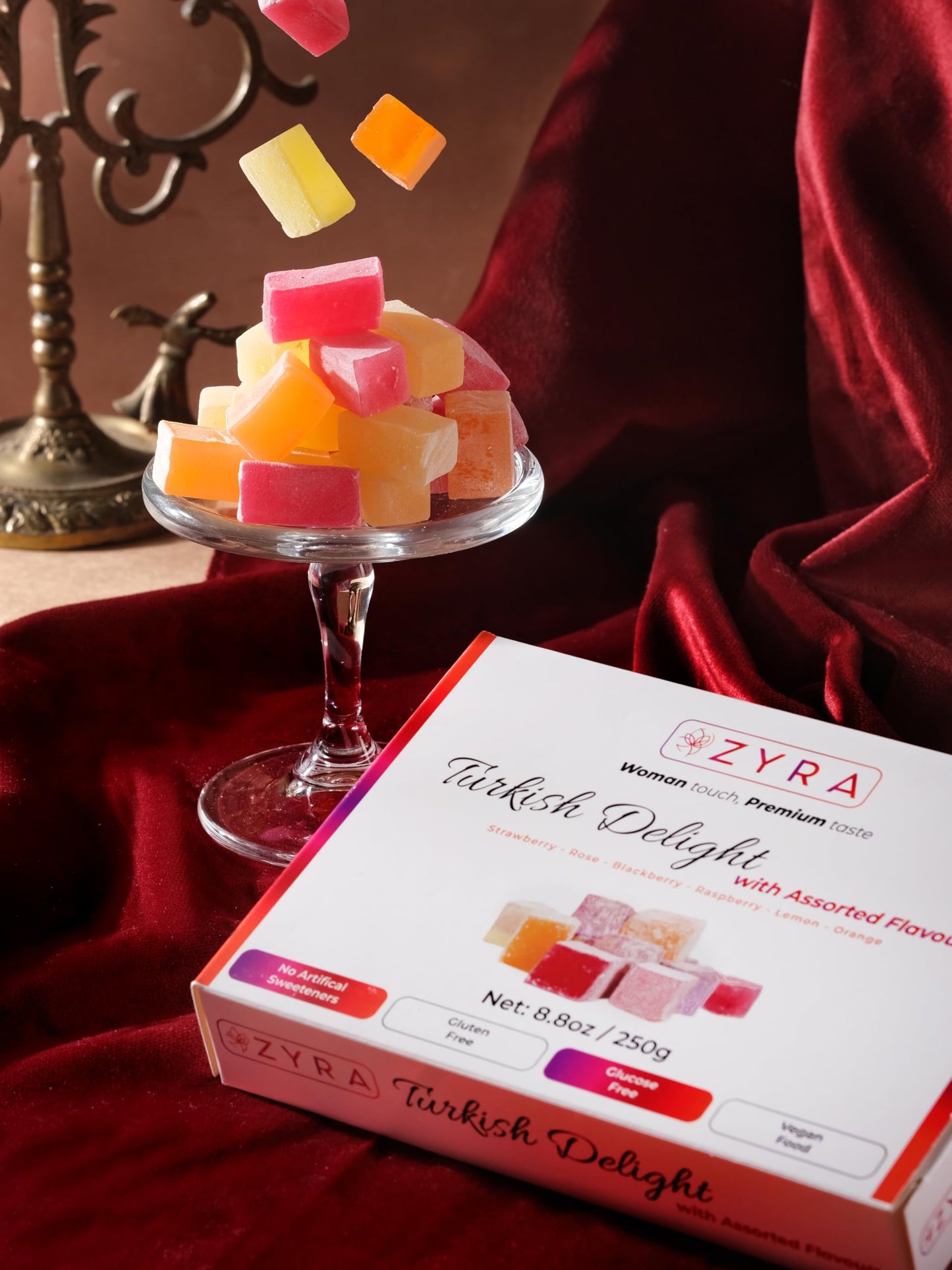 ZYRA Turkish Delight - 8.8oz - Woman Owned Brand - Luxury with Assorted Fruit - Rose, Strawberry, Raspberry, Blackberry, Lemon, Orange - Authentic